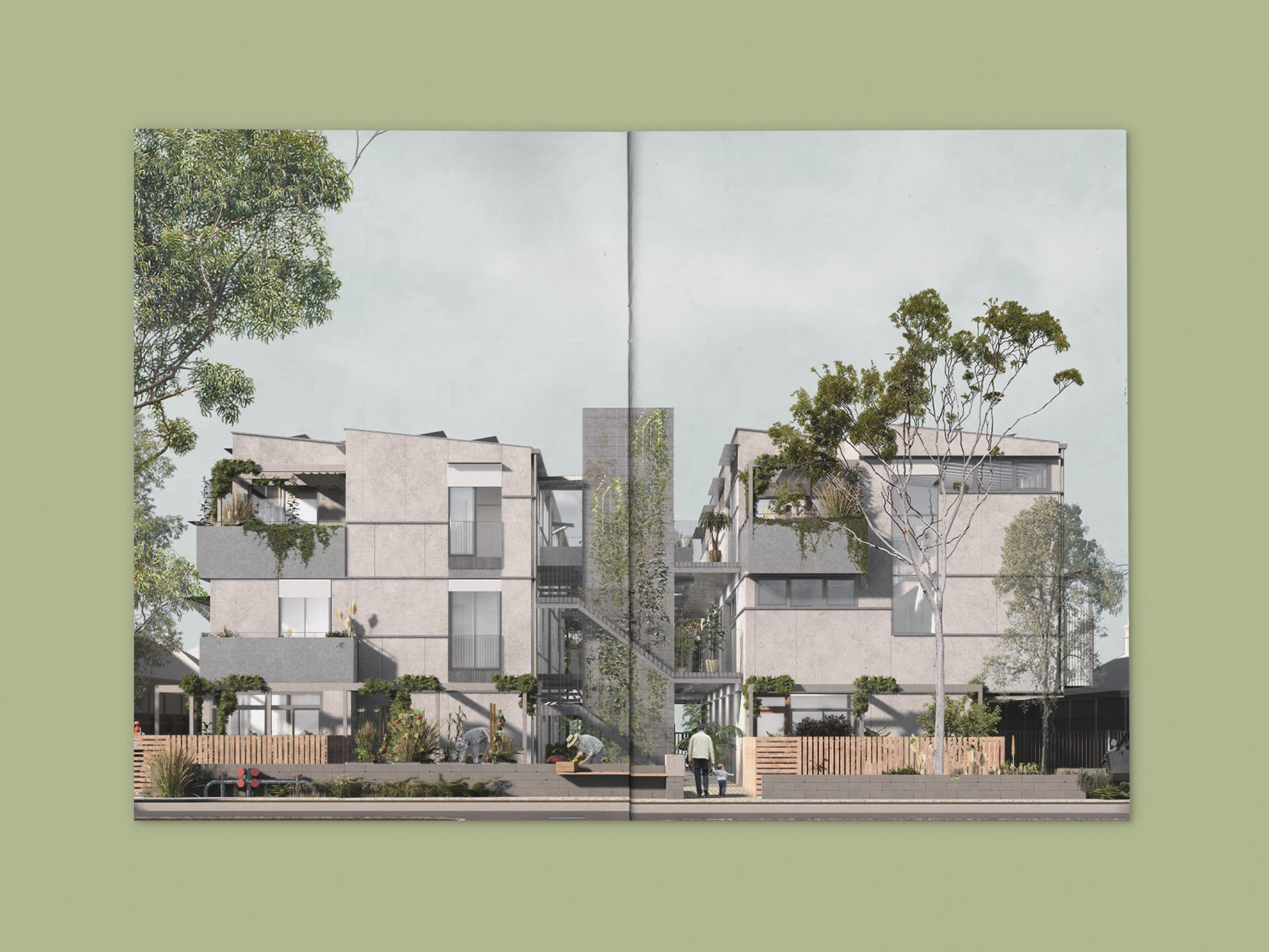 Spread view of brochure sitting on a green background. Architectural render of an apartment building is displayed over both pages.