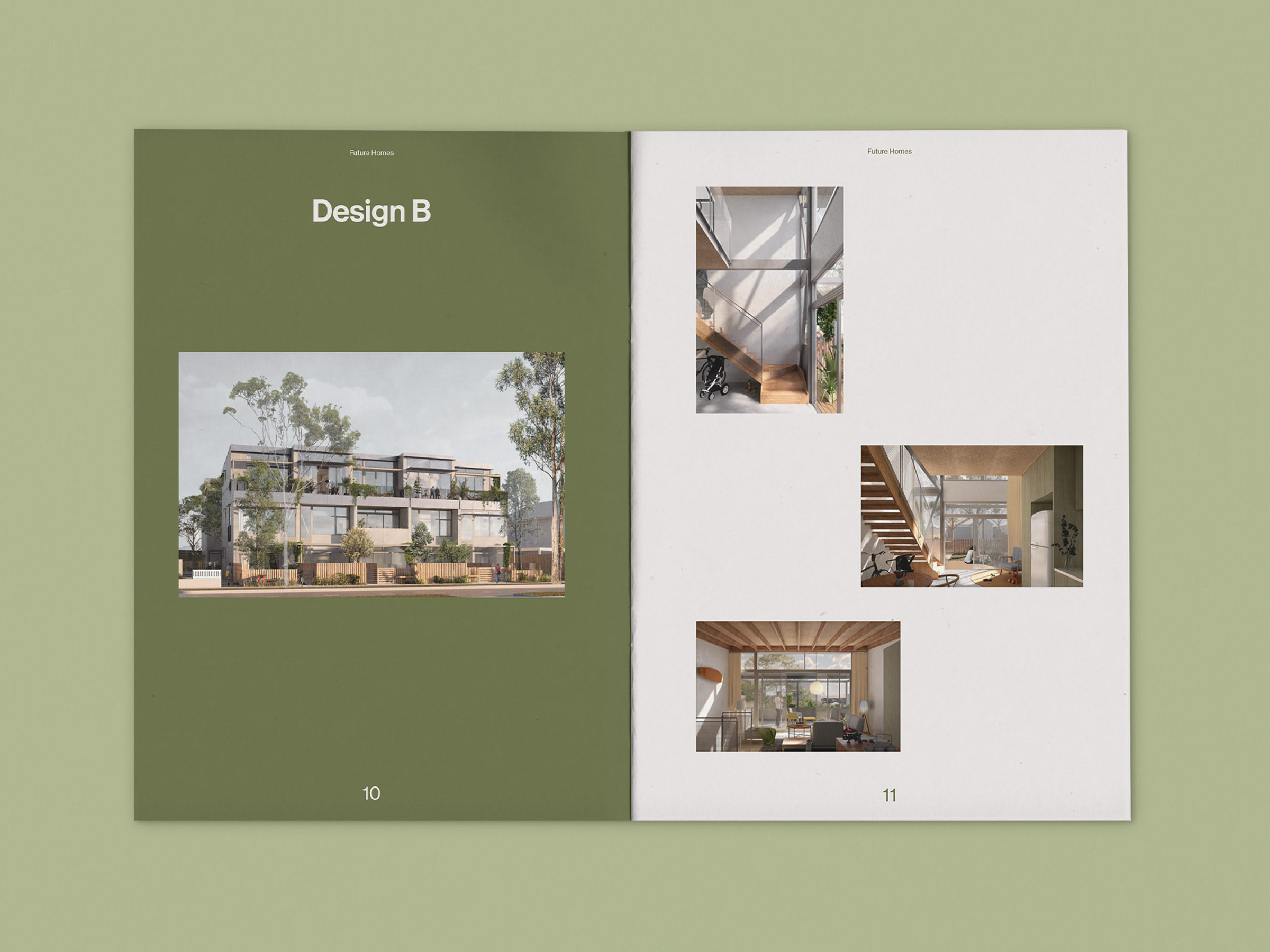 Spread view of brochure sitting on a green background. Left page is dark olive green with title Design B with an image below. Right page has three images.