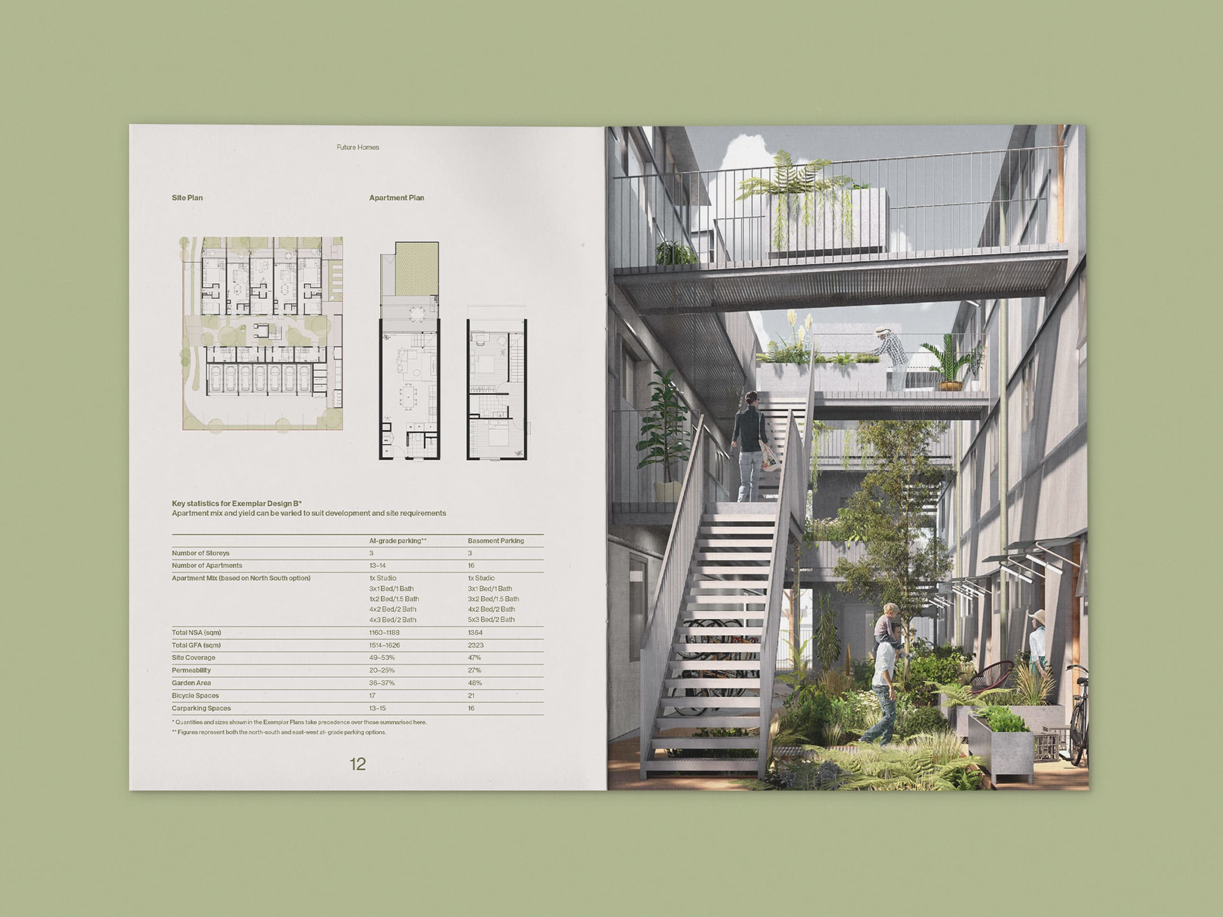 Spread view of brochure sitting on a green background. Left page displays small plans with table below. Right page contains an architectural render of an apartment building.