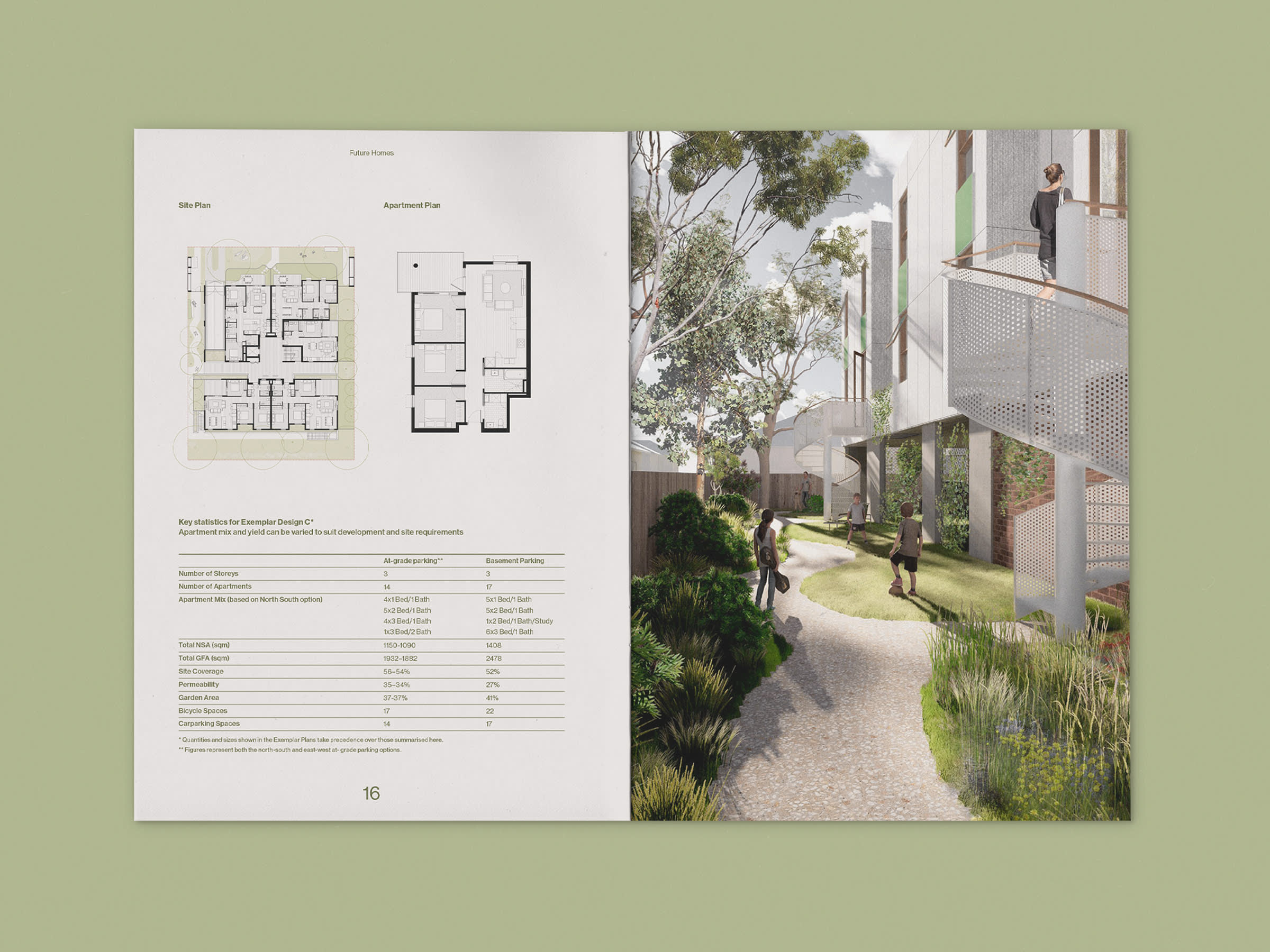 Spread view of brochure sitting on a green background. Left page displays small plans with table below. Right page contains an architectural render of an apartment building.