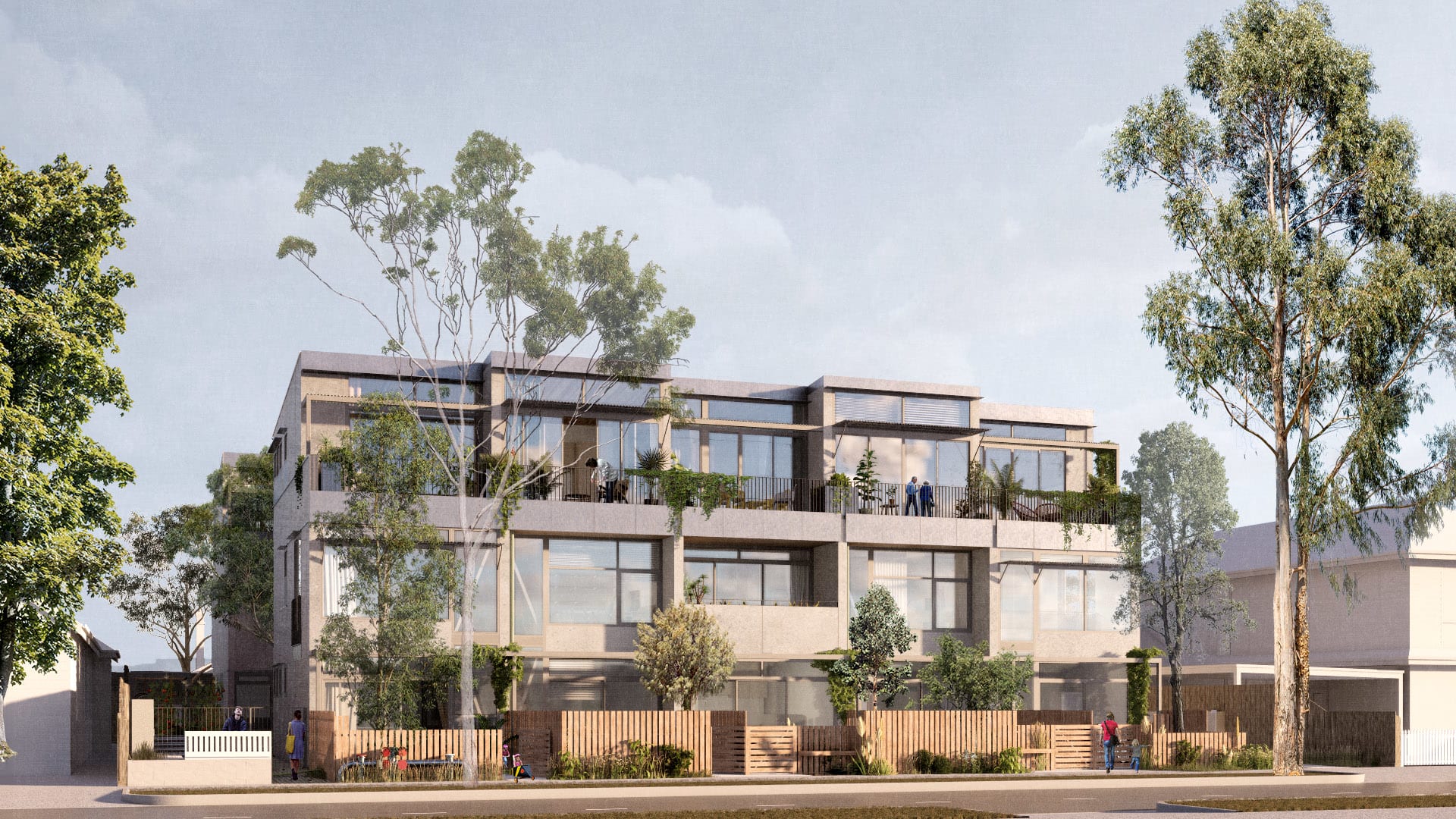 Architectural render of a grey multi story apartment building surrounded with greenery.