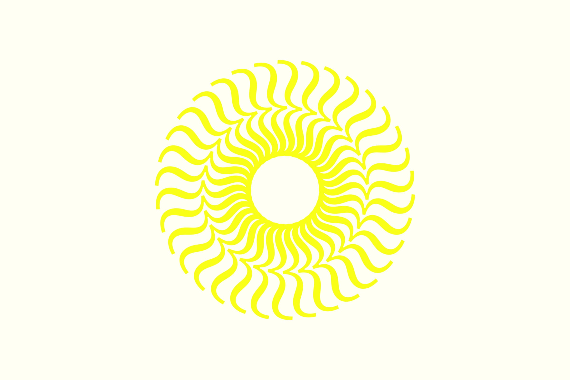 Yellow circle graphic sits on cream background. The circle graphic is made from a radiating curly bracket, creating the shape of a globe.