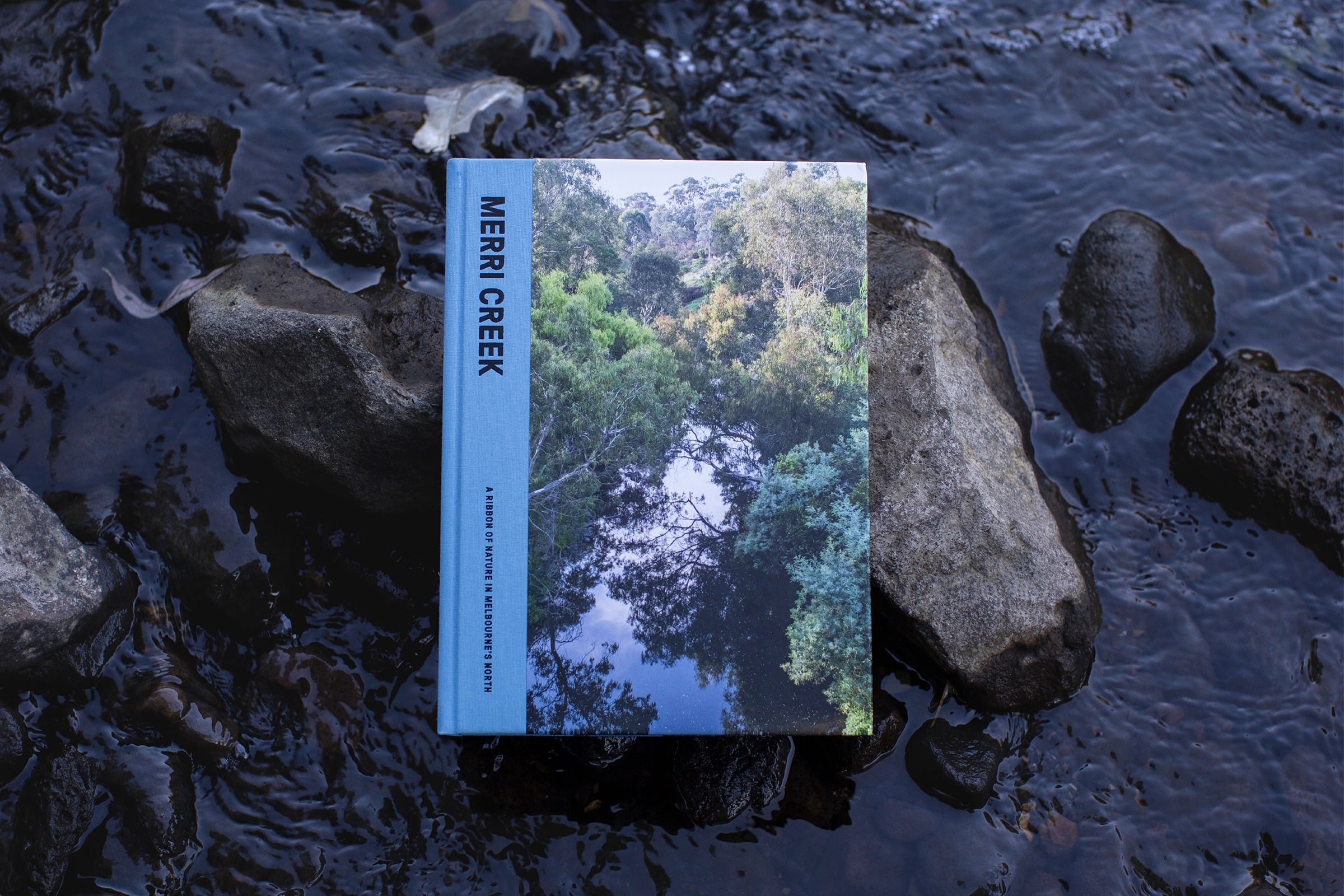 Book sitting on rock in river