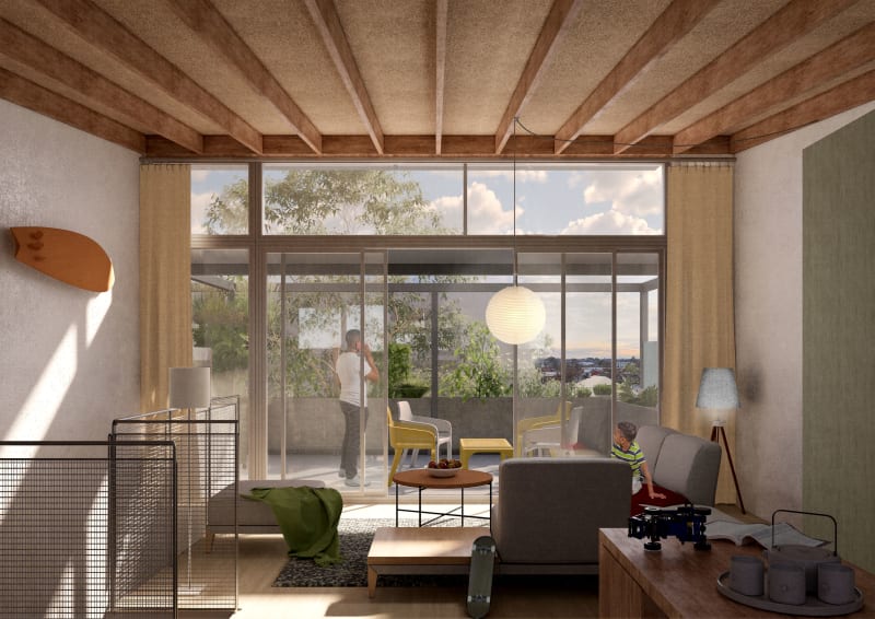Architectural render of the inside of a modern apartment. A child sits inside while a man stands behind large windows on the balcony.