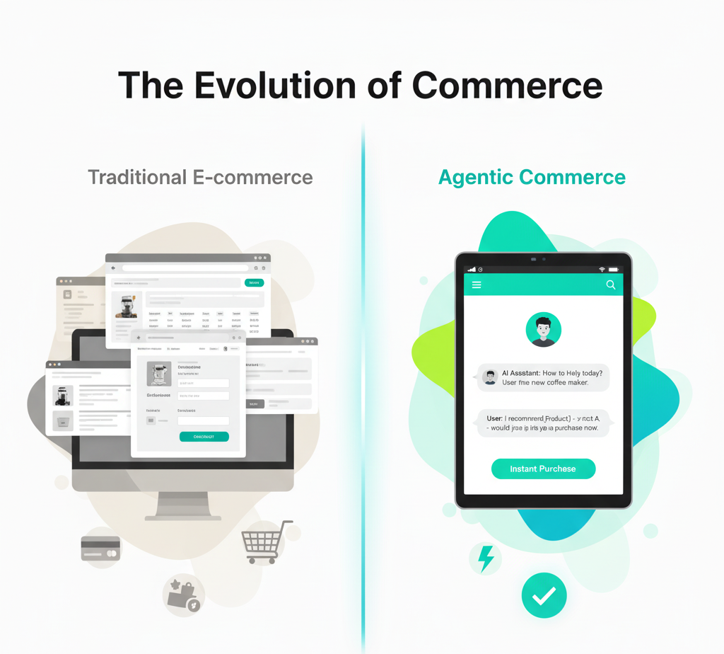 Side-by-side comparison illustrating the differences between legacy chatbots and agentic commerce agents across experience, personalization, and checkout speed.