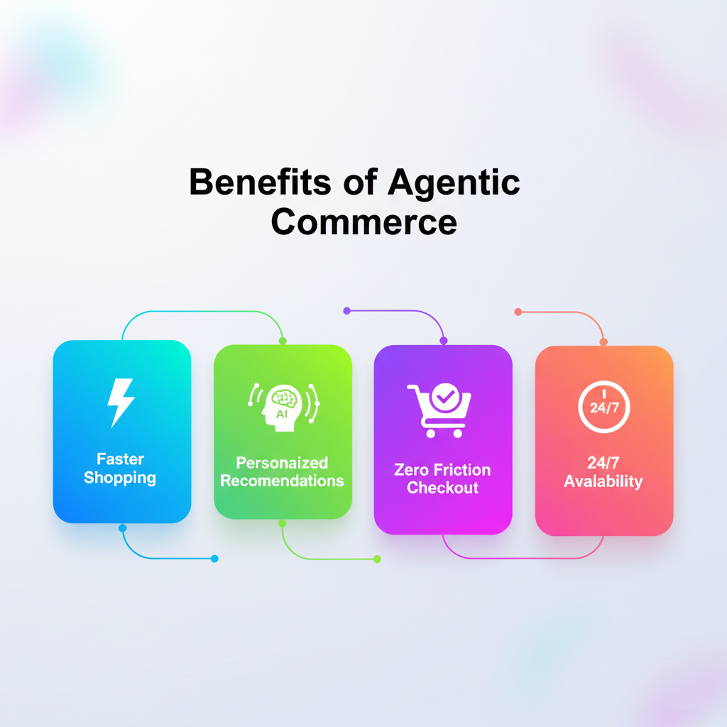 Infographic summarizing the merchant and shopper benefits unlocked by the Agentic Commerce Protocol, including higher order values, better conversion, and richer data.