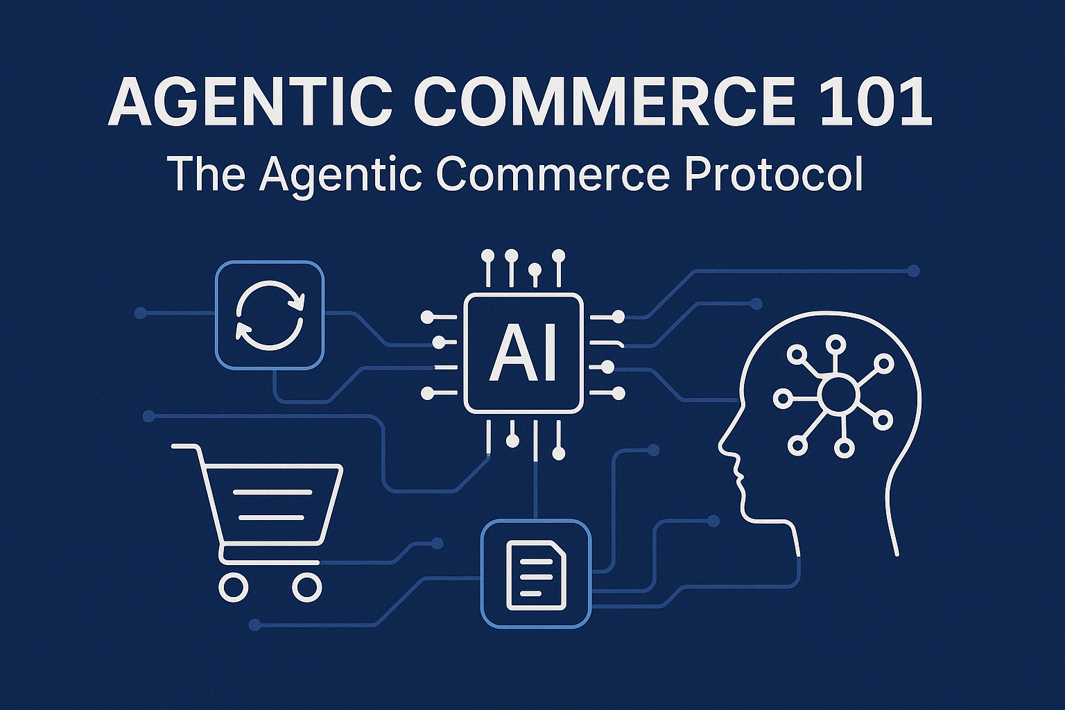 Illustration showcasing the Agentic Commerce Protocol by OpenAI with an AI agent bridging shoppers and merchants.