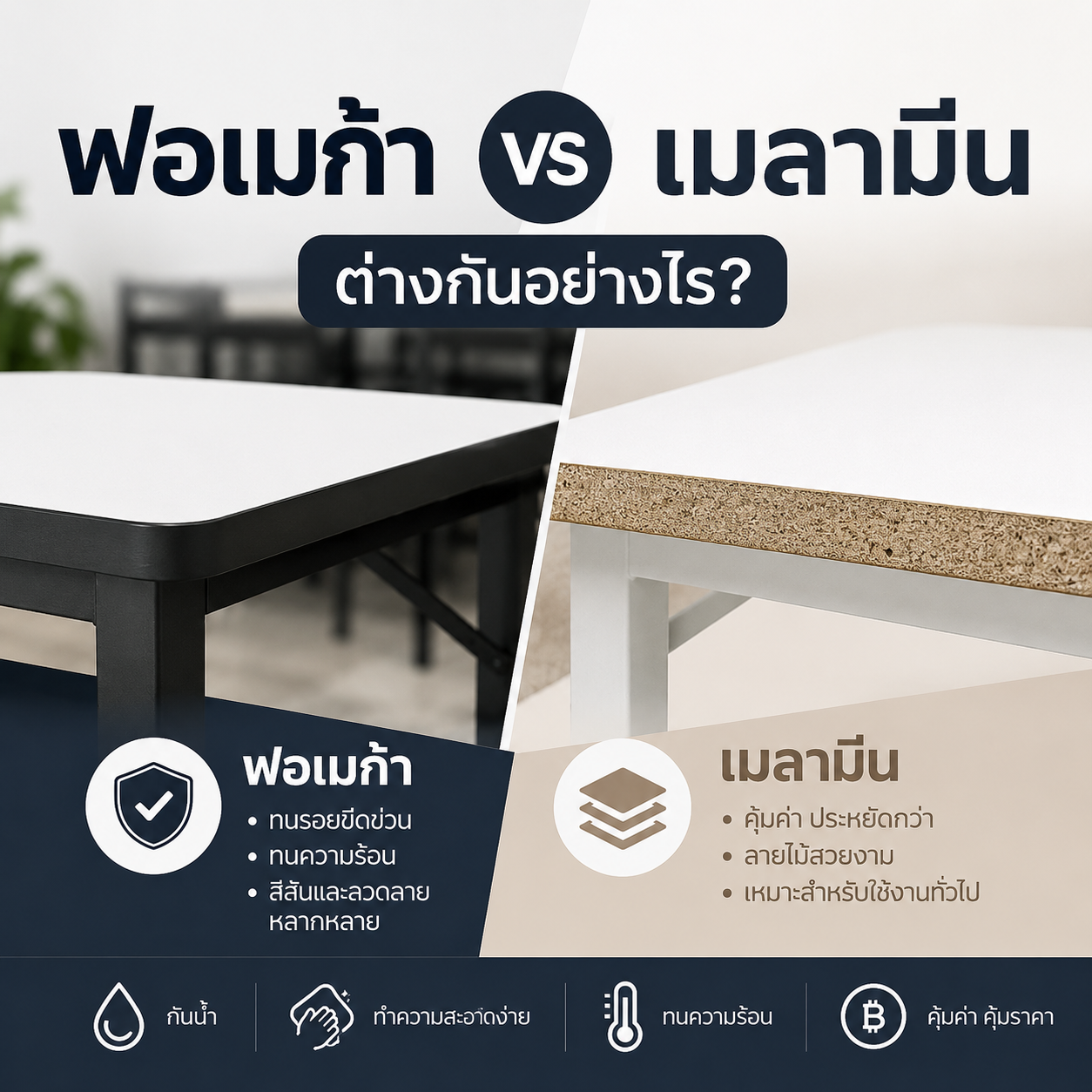 ฟอเมก้า vs เมลามีน ต่างกันอย่างไร? เลือกแบบไหนดีสำหรับโต๊ะพับ