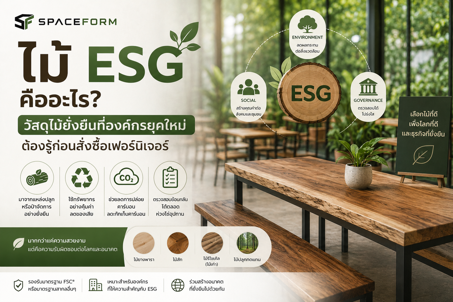 ไม้ ESG คืออะไร? วัสดุไม้ยั่งยืนที่องค์กรยุคใหม่ต้องรู้ก่อนสั่งซื้อเฟอร์นิเจอร์