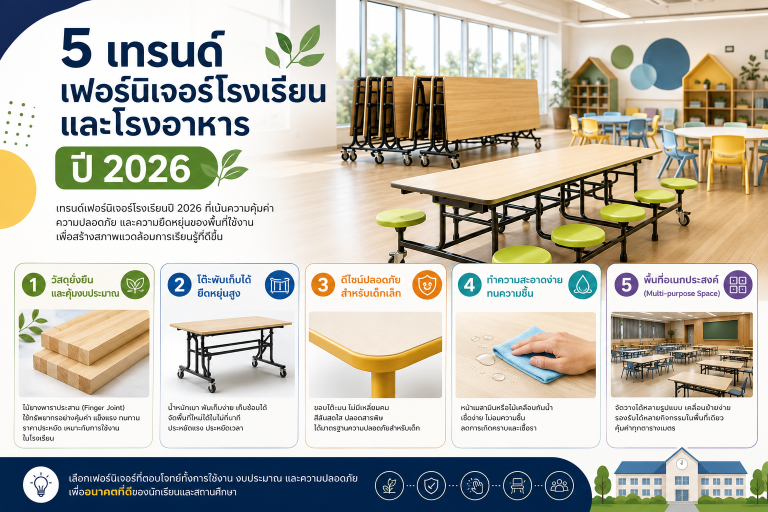 5 เทรนด์เฟอร์นิเจอร์โรงเรียนและโรงอาหาร ปี 2026 วัสดุยั่งยืน พับเก็บได้ ปลอดภัยสำหรับเด็ก ทำความสะอาดง่าย พื้นที่อเนกประสงค์