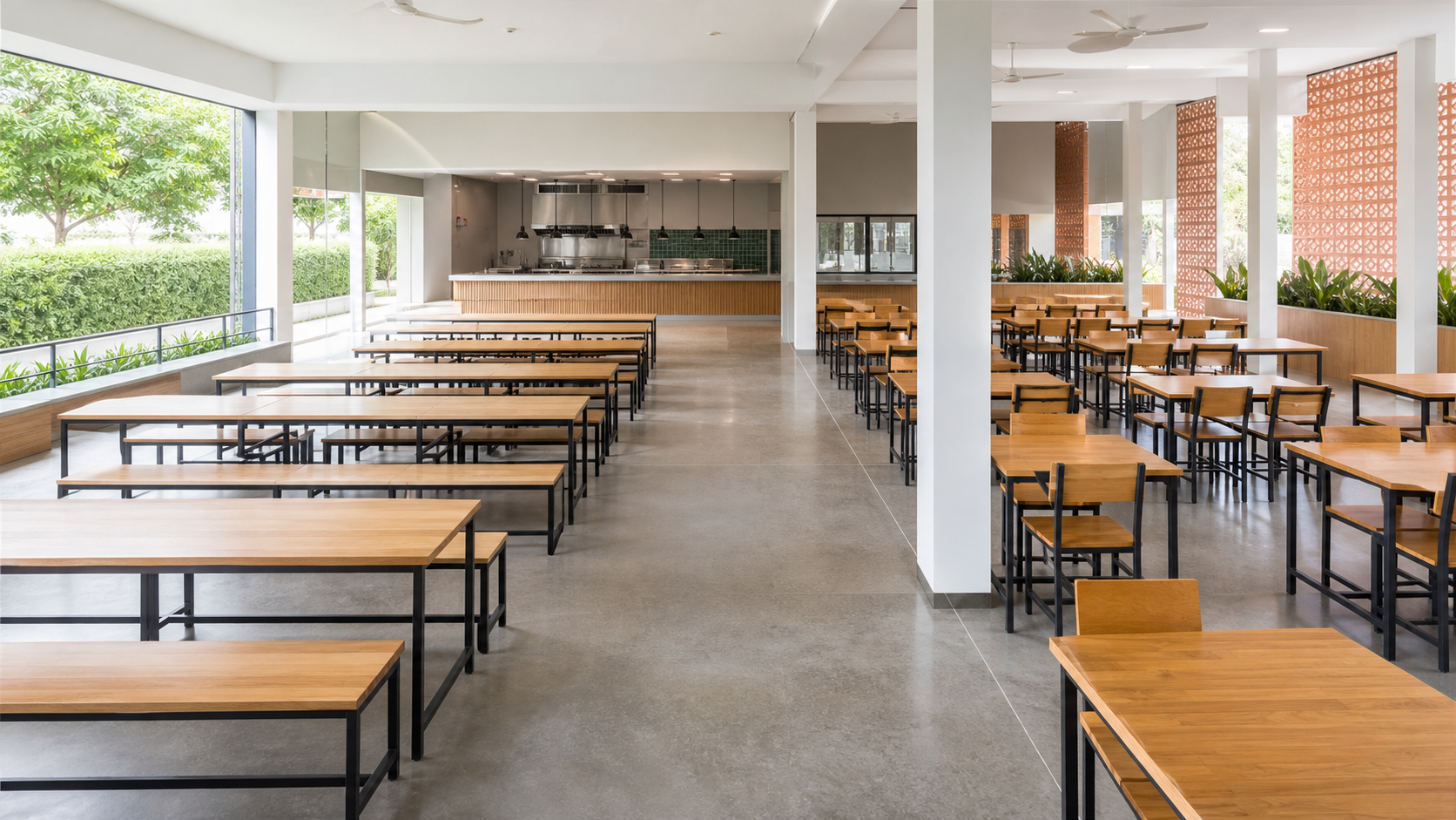 ตัวอย่างการวางผังโต๊ะโรงอาหารพร้อมทางเดินหลักและโซนที่นั่ง
