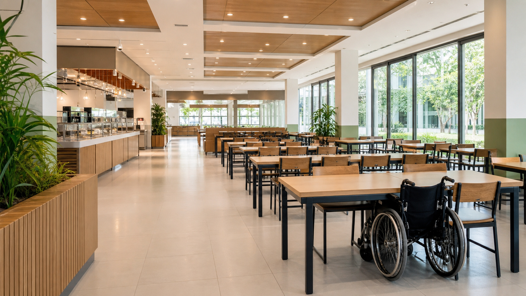 โรงอาหารทางเดินกว้างและมีตำแหน่งโต๊ะที่รองรับผู้ใช้รถเข็น