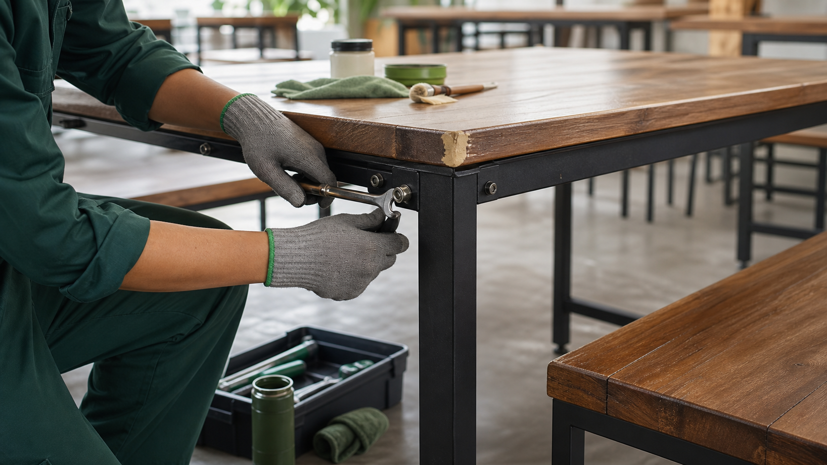 ช่างตรวจและบำรุงรักษาจุดยึดของโต๊ะโรงอาหารโครงเหล็ก