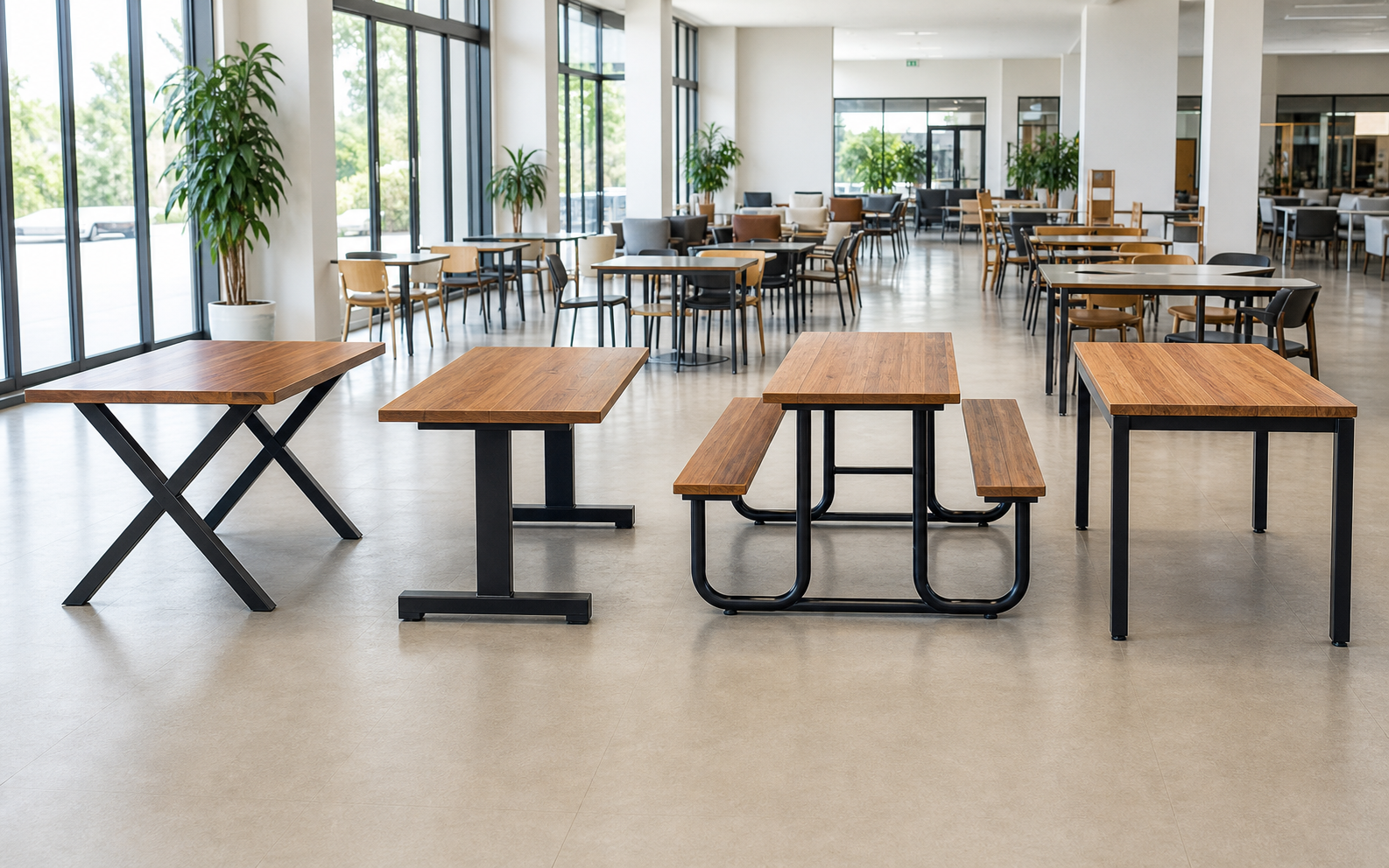 เปรียบเทียบขาโต๊ะโรงอาหารแบบ X-Frame I-Frame J-Frame และขาตรง