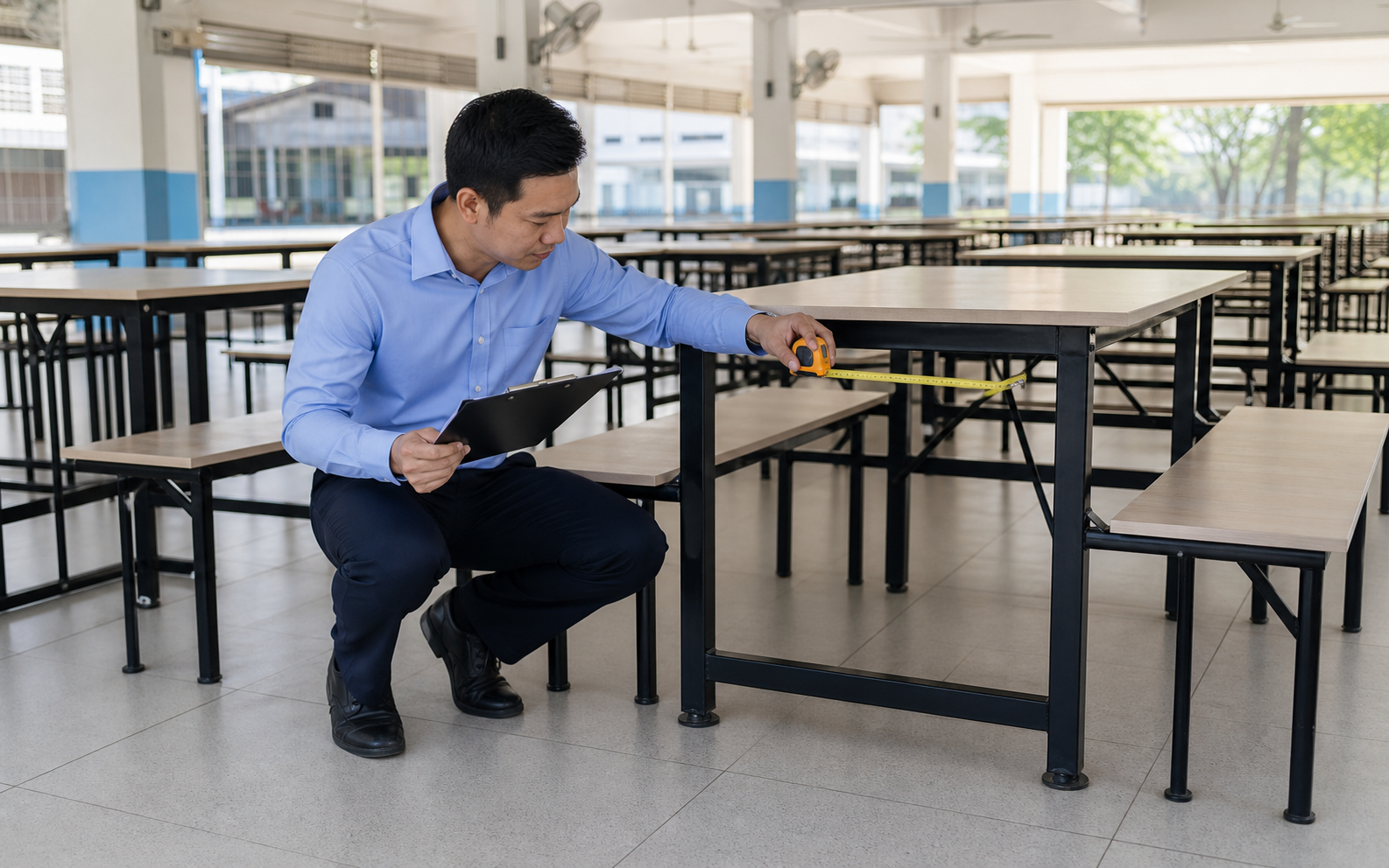 ผู้ตรวจรับกำลังวัดขนาดและตรวจโครงโต๊ะโรงอาหารที่ส่งมอบ