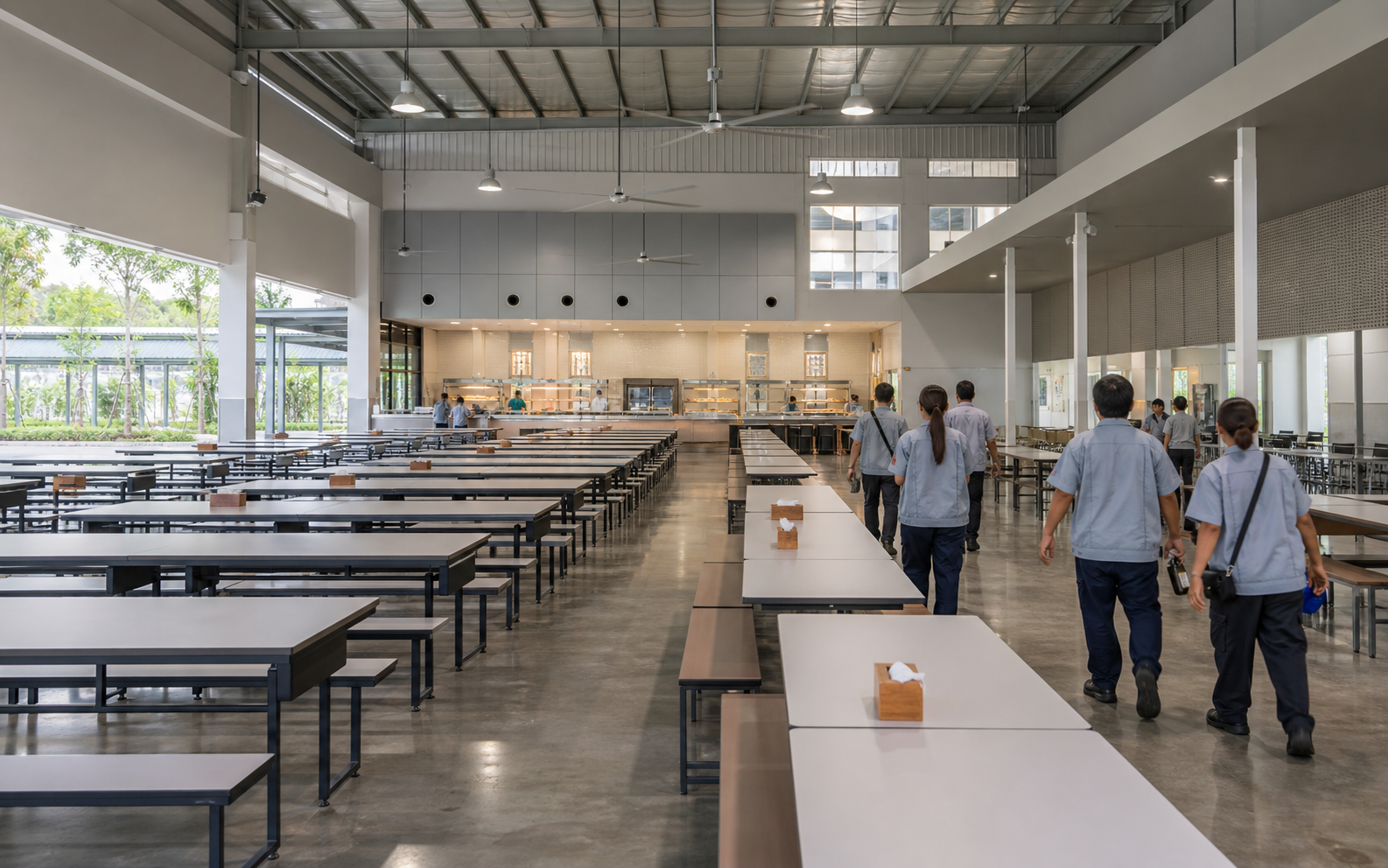 โรงอาหารโรงงานจัดโต๊ะเป็นแถวพร้อมทางเดินสำหรับพนักงานเปลี่ยนกะ