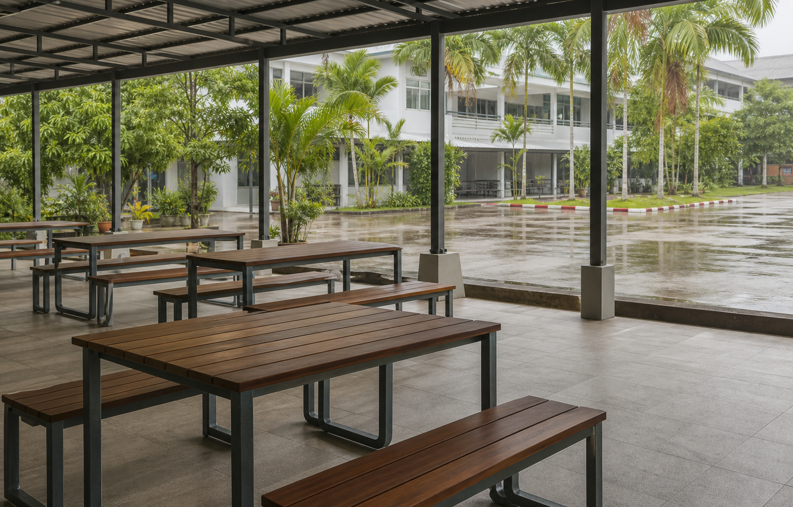 โต๊ะโรงอาหารไม้ระแนงใต้หลังคาหลังฝนตกในพื้นที่เขตร้อน