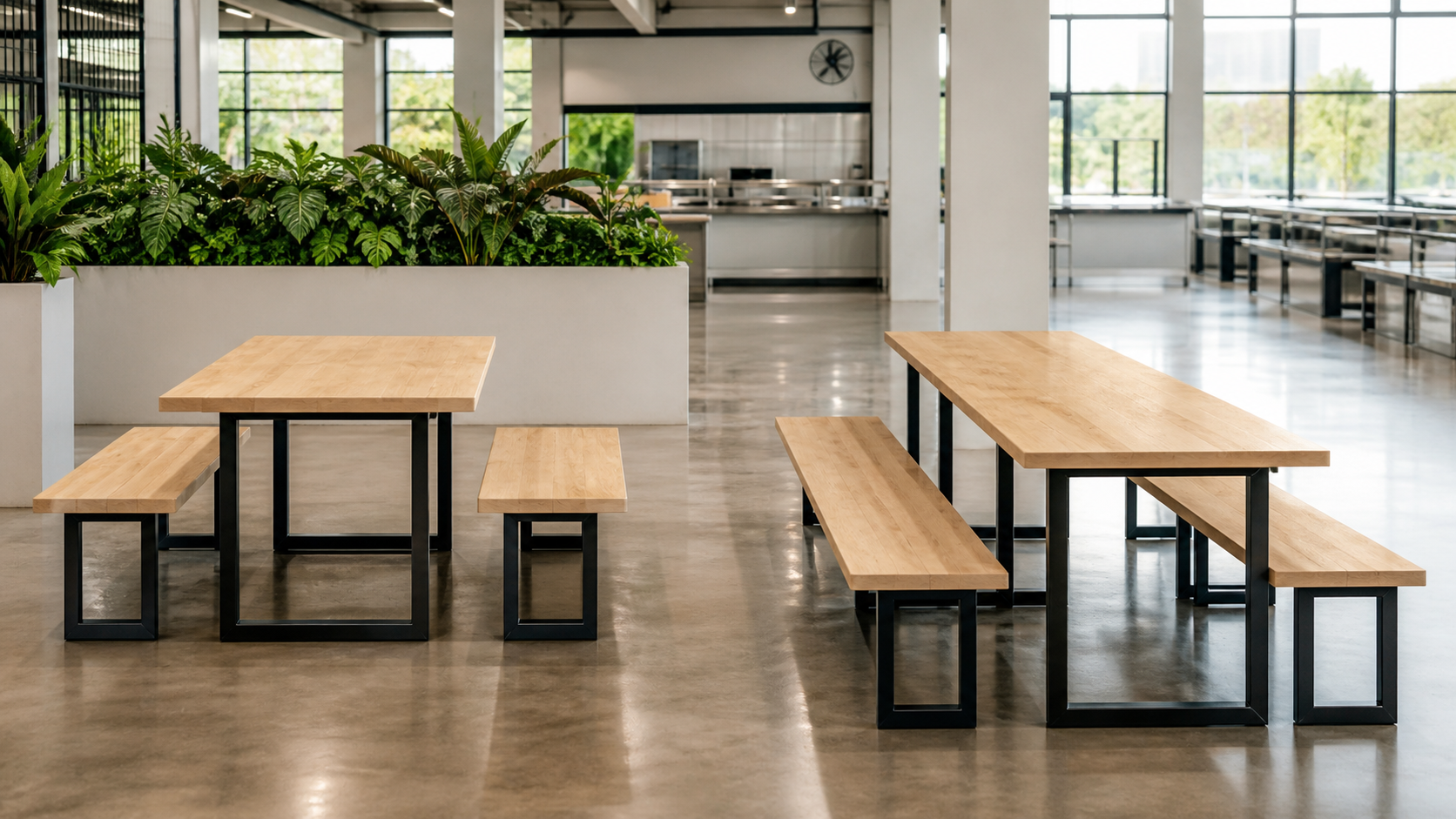 เปรียบเทียบโต๊ะโรงอาหารขนาด 6 ที่นั่งและ 8 ที่นั่งในพื้นที่โรงอาหาร