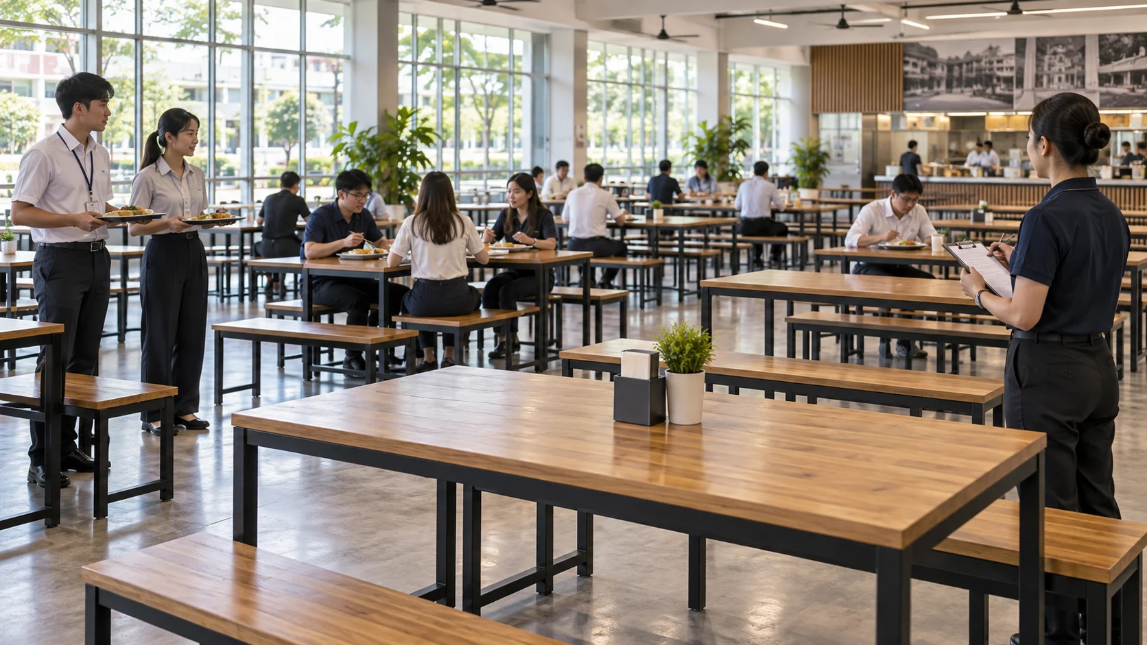 ภาพประกอบการสำรวจที่นั่งว่างและผู้รอในโรงอาหาร