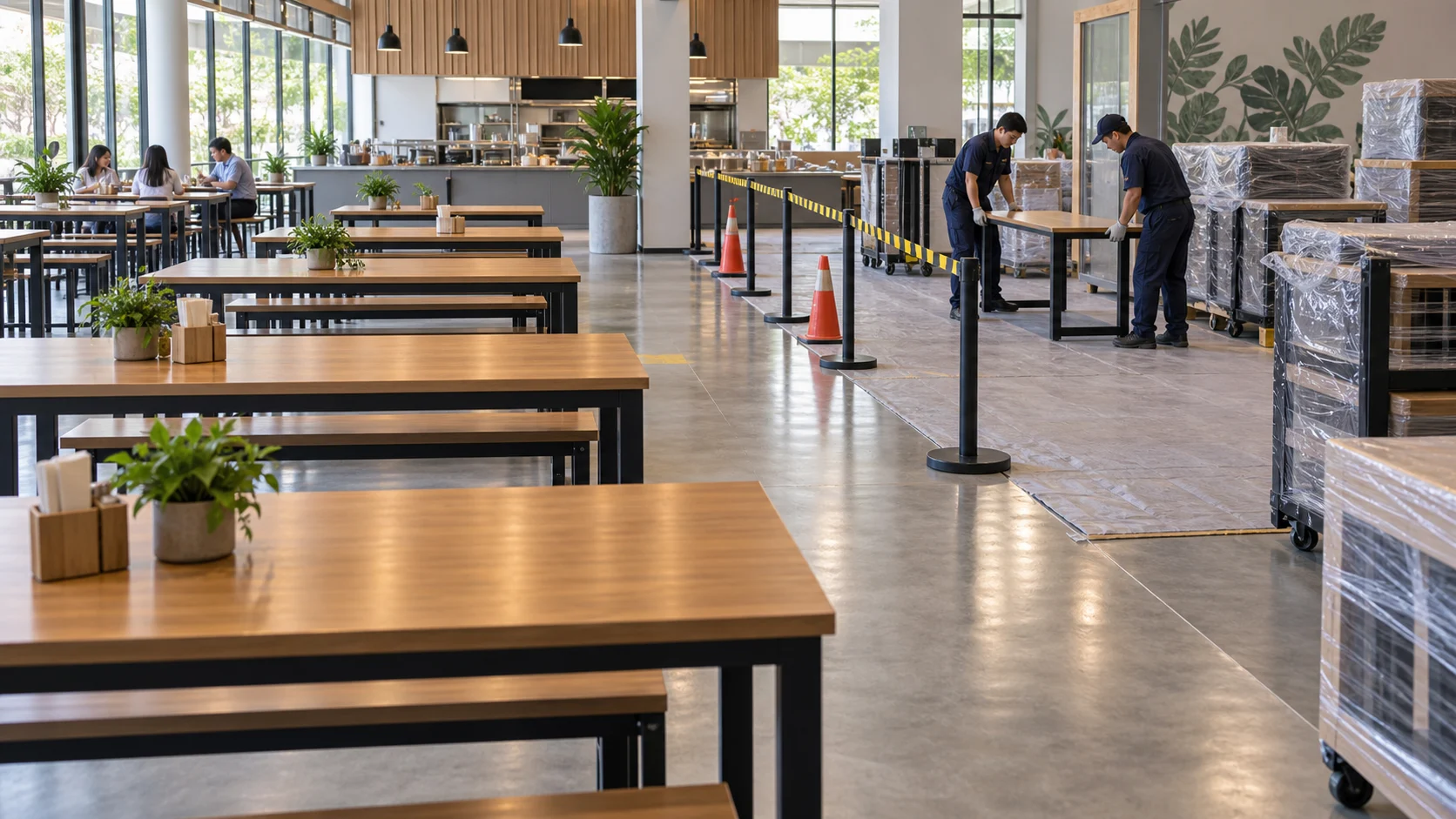 ภาพประกอบการแบ่งโซนติดตั้งโต๊ะโรงอาหารระหว่างเปิดบริการ