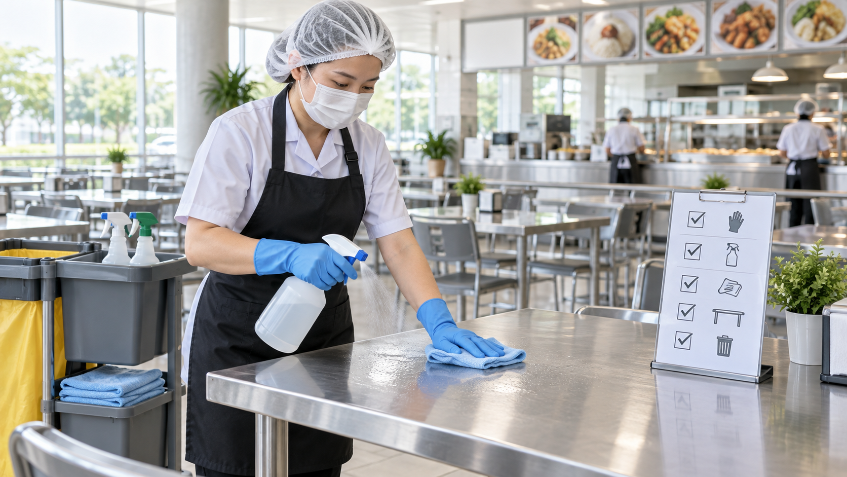 พนักงานทำความสะอาดโต๊ะโรงอาหารสแตนเลสตามรายการตรวจ SOP
