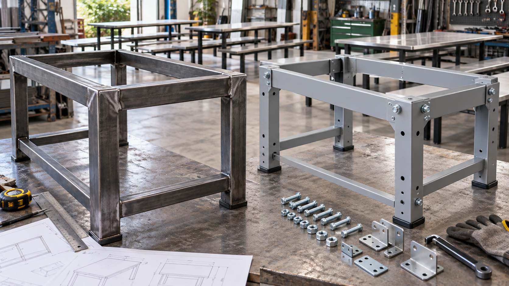 ภาพเปรียบเทียบโครงโต๊ะโรงอาหารแบบเชื่อมกับแบบ Knock-down และชุดน็อต