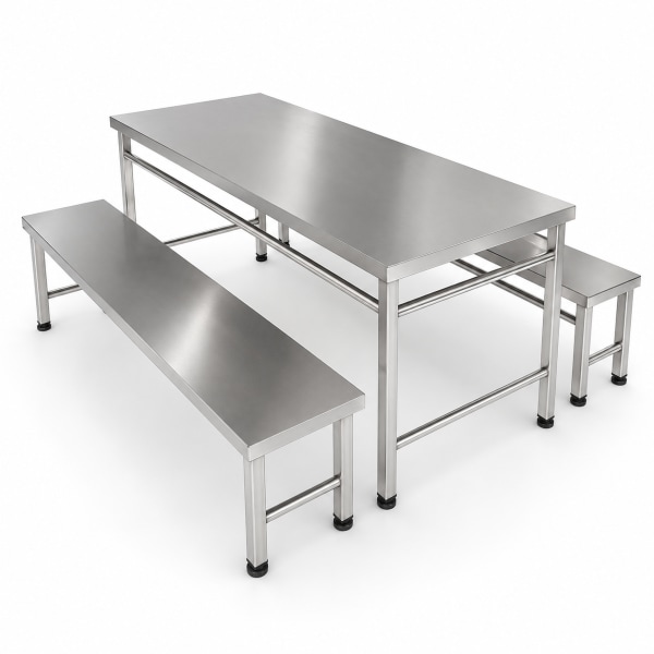 โต๊ะโรงอาหารสแตนเลส พร้อมม้านั่งยาว (Stainless 304)