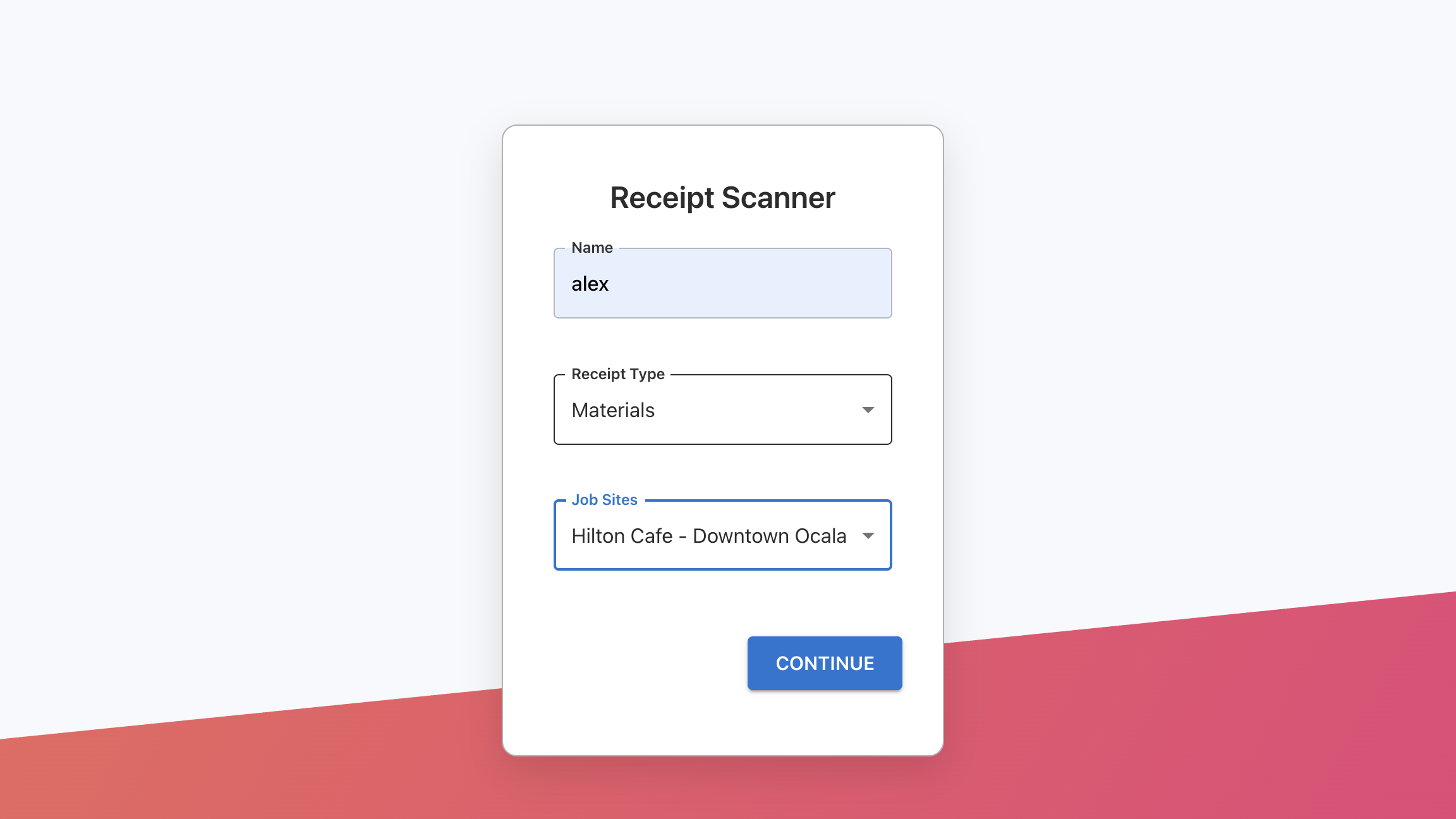 Screenshot of receipt details form