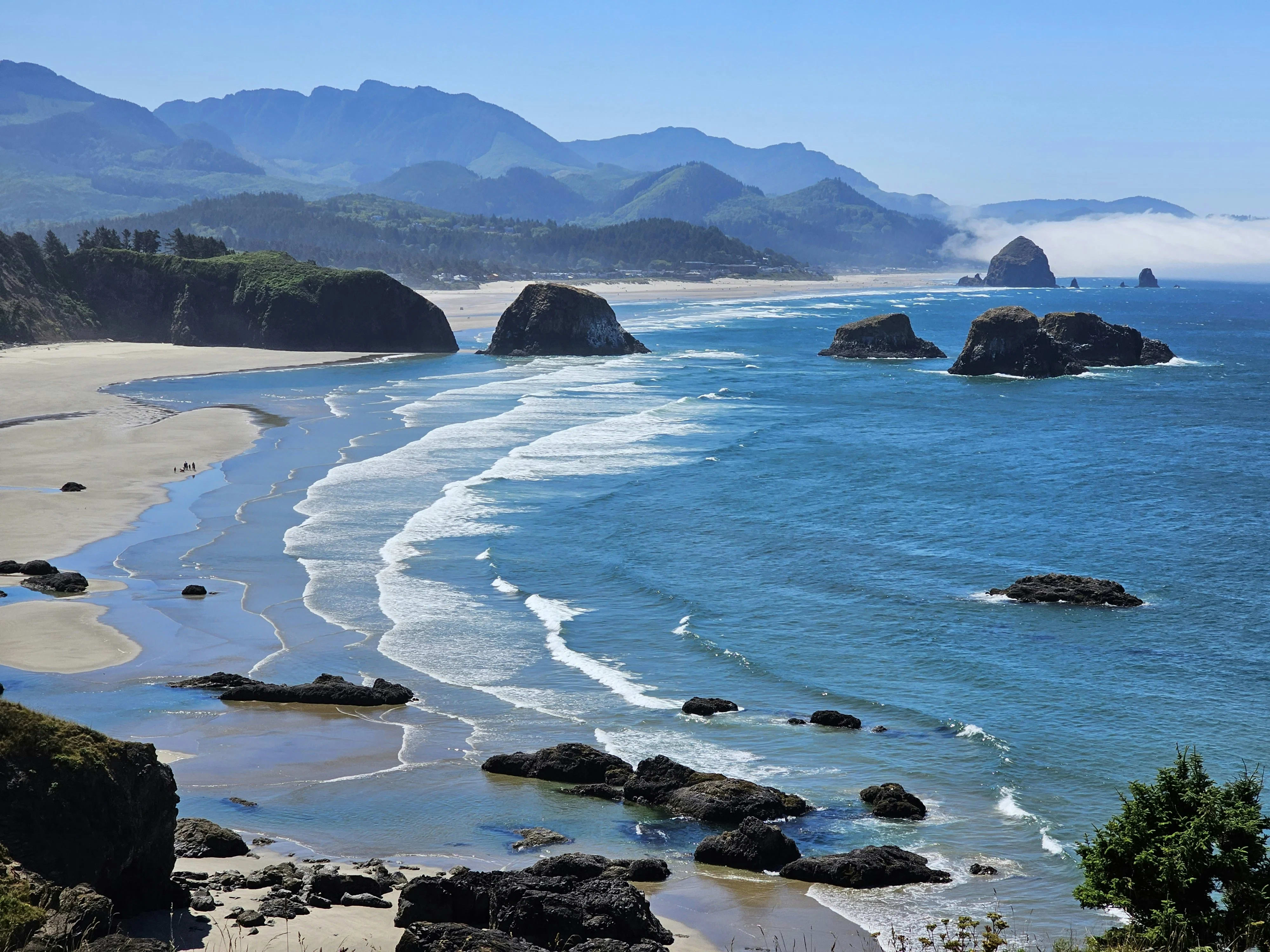 Oregon coastline at golden hour with dramatic sea stacks and wave-sculpted rock formations