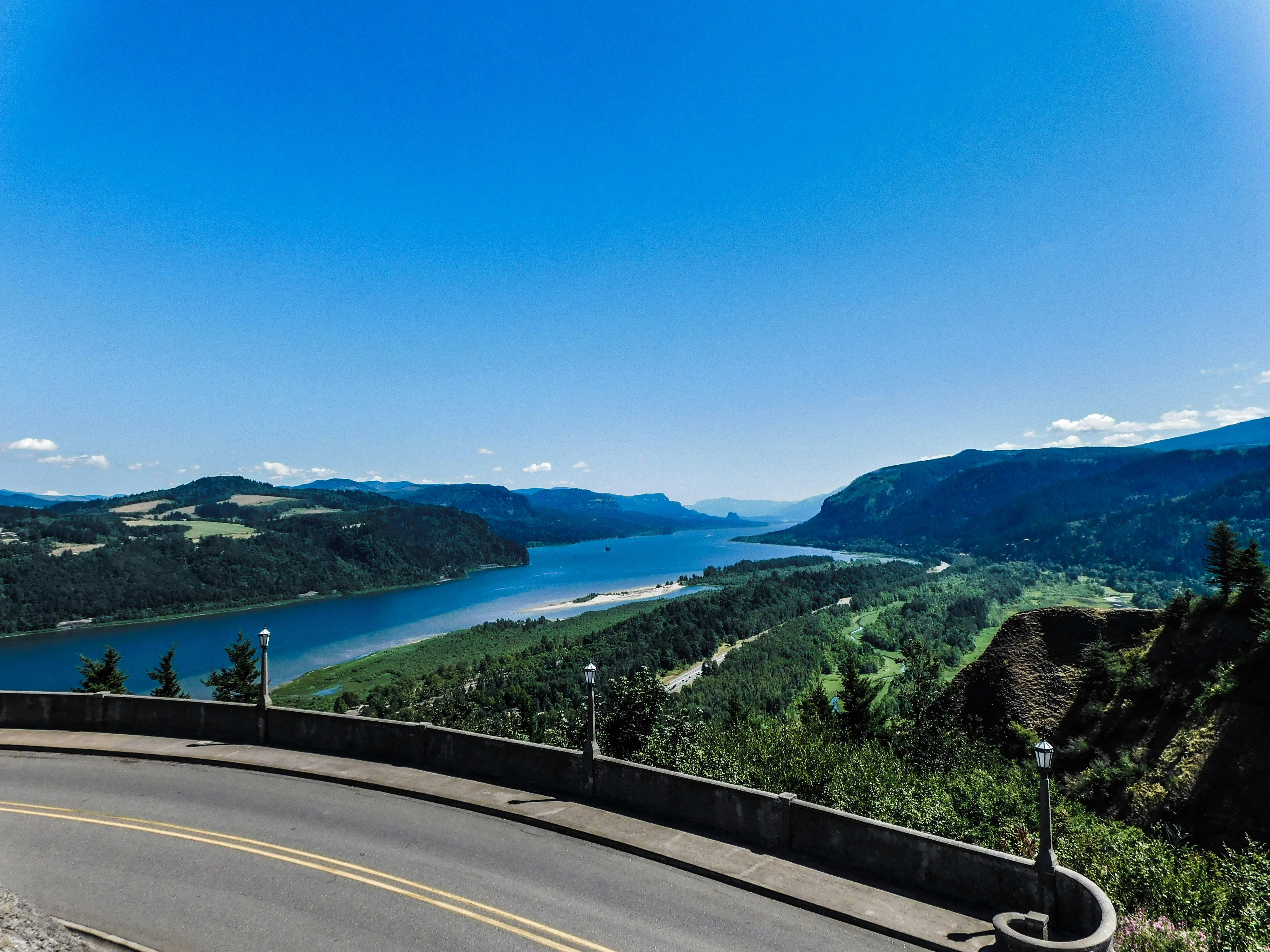 Columbia River Gorge panorama with mist-filled canyon and the Columbia River far below