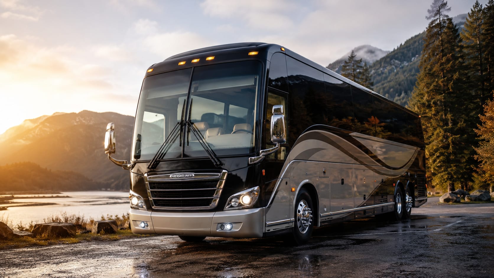Luxury Freightliner motorcoach on a scenic Pacific Northwest highway surrounded by evergreen forests