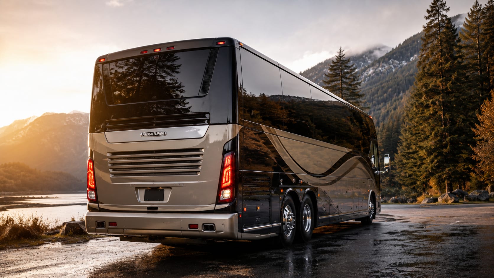 Luxury motorcoach at an airport transfer pickup with professional driver