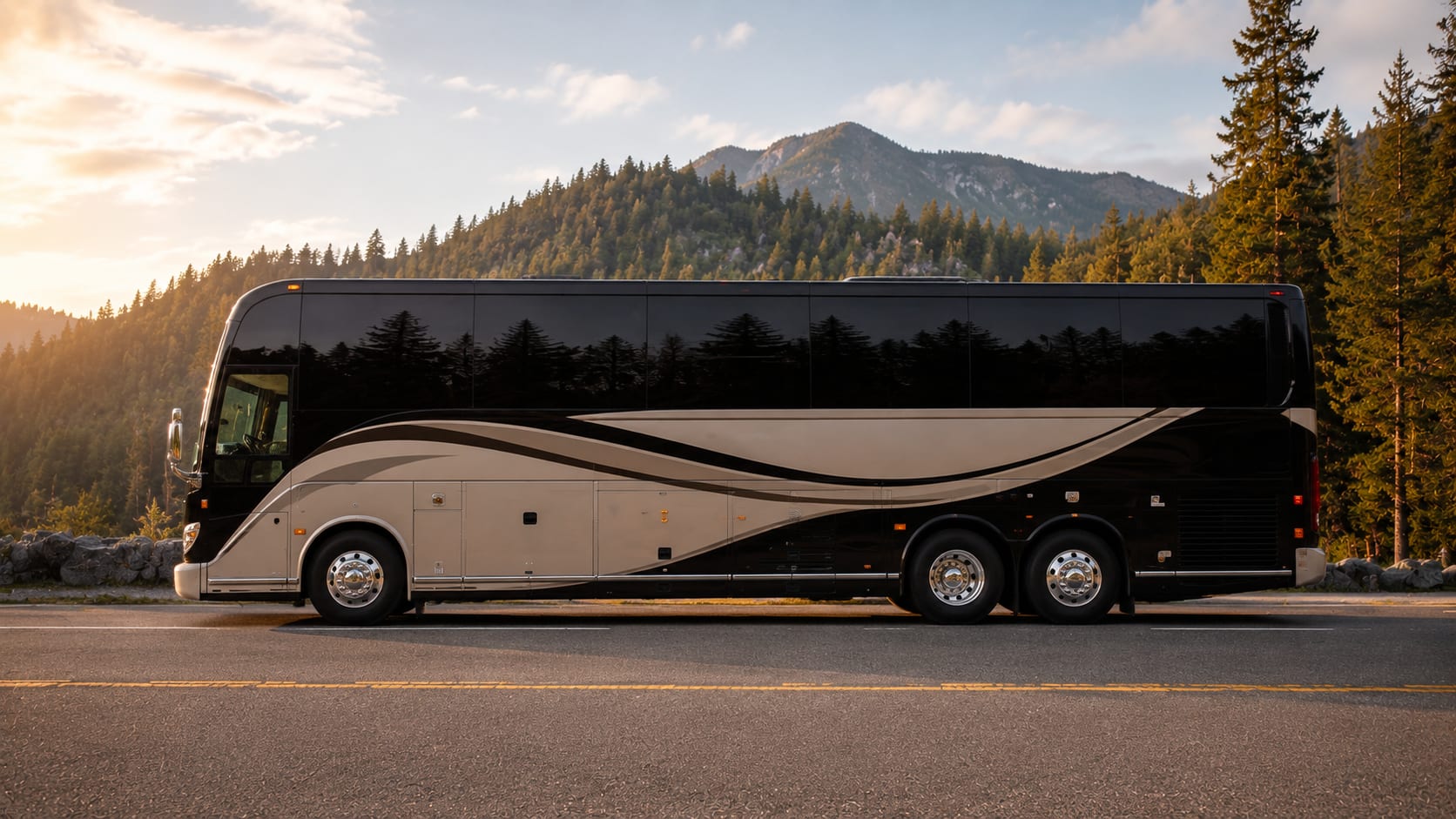 Executive group boarding a Freightliner luxury motorcoach for a corporate retreat