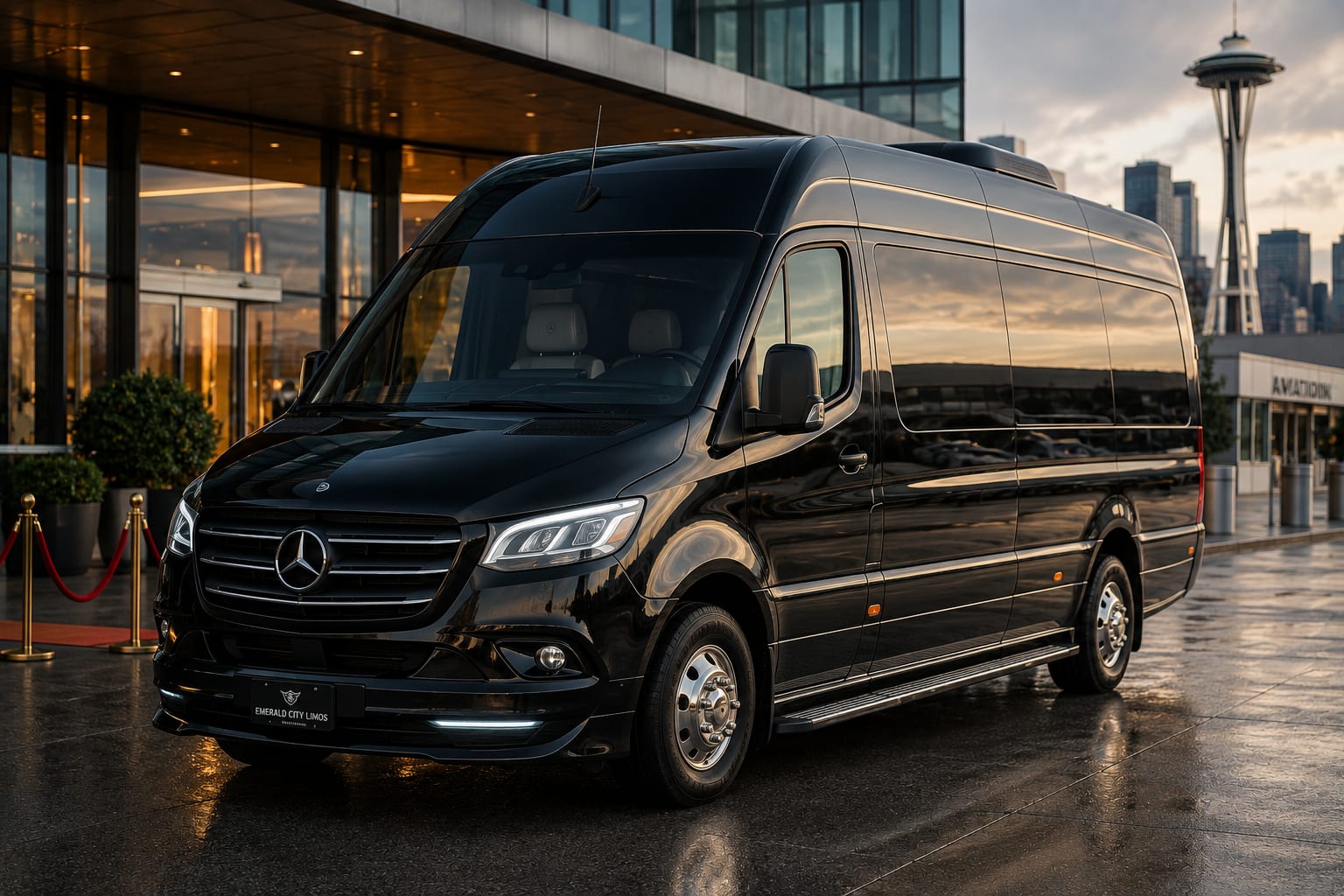 Executive Mercedes-Benz Sprinter van at an airport transfer