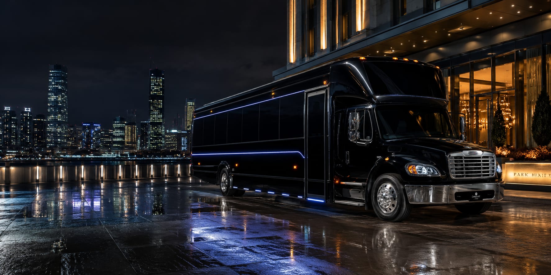 Luxury Freightliner motorcoach on a scenic Pacific Northwest highway