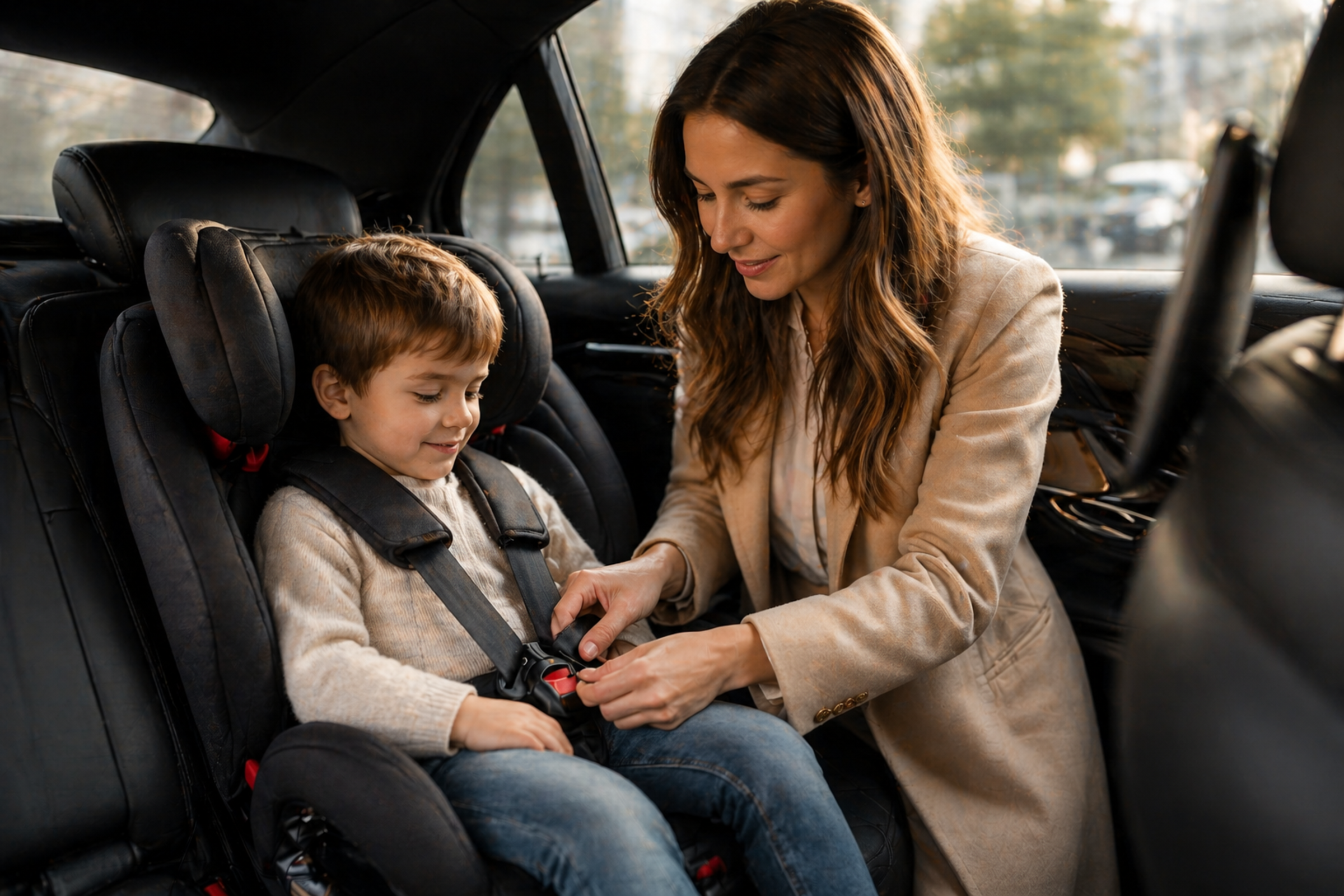 Child safety seat installed in the rear of a clean luxury sedan