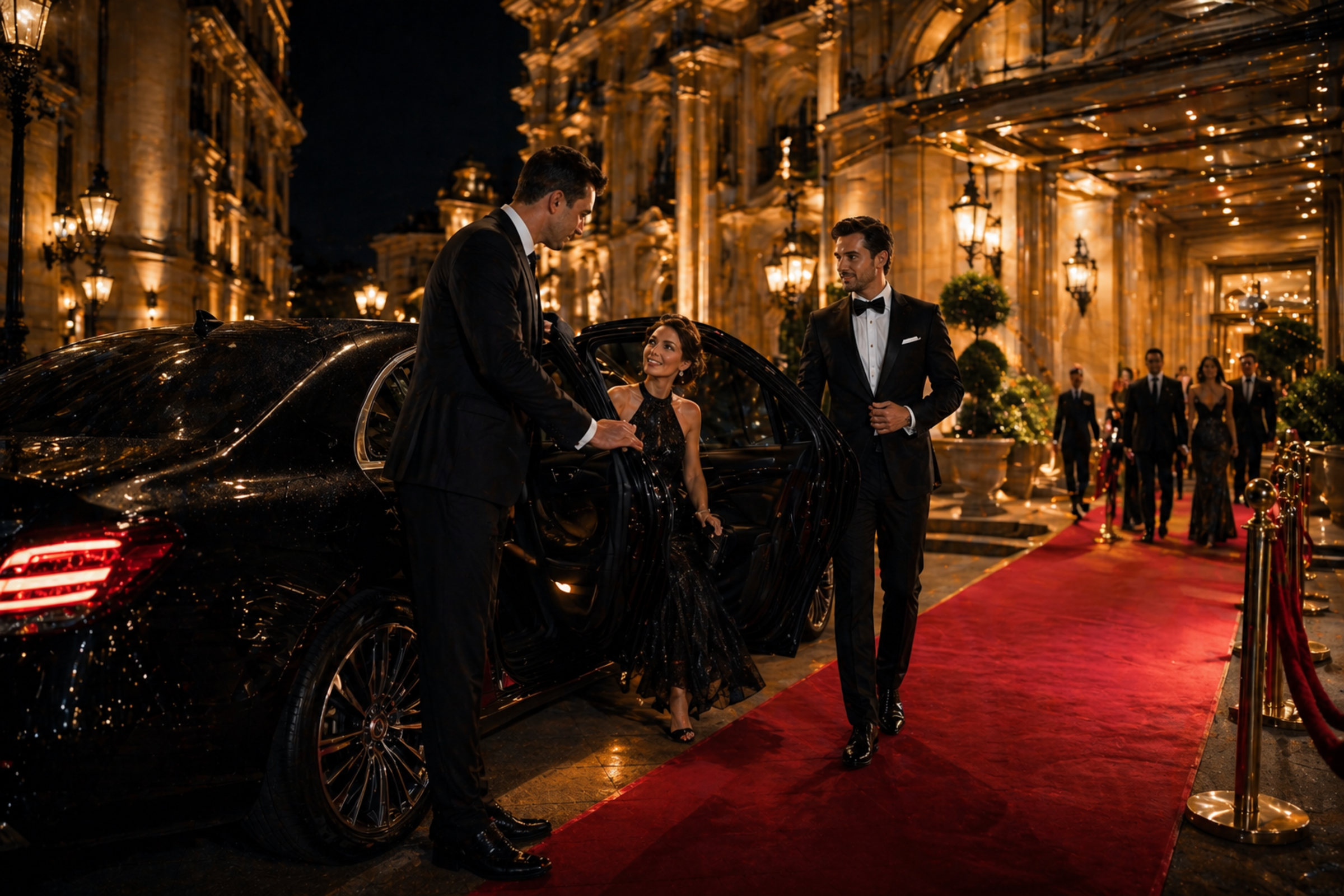 Black luxury sedan with doors open outside an illuminated event venue at night