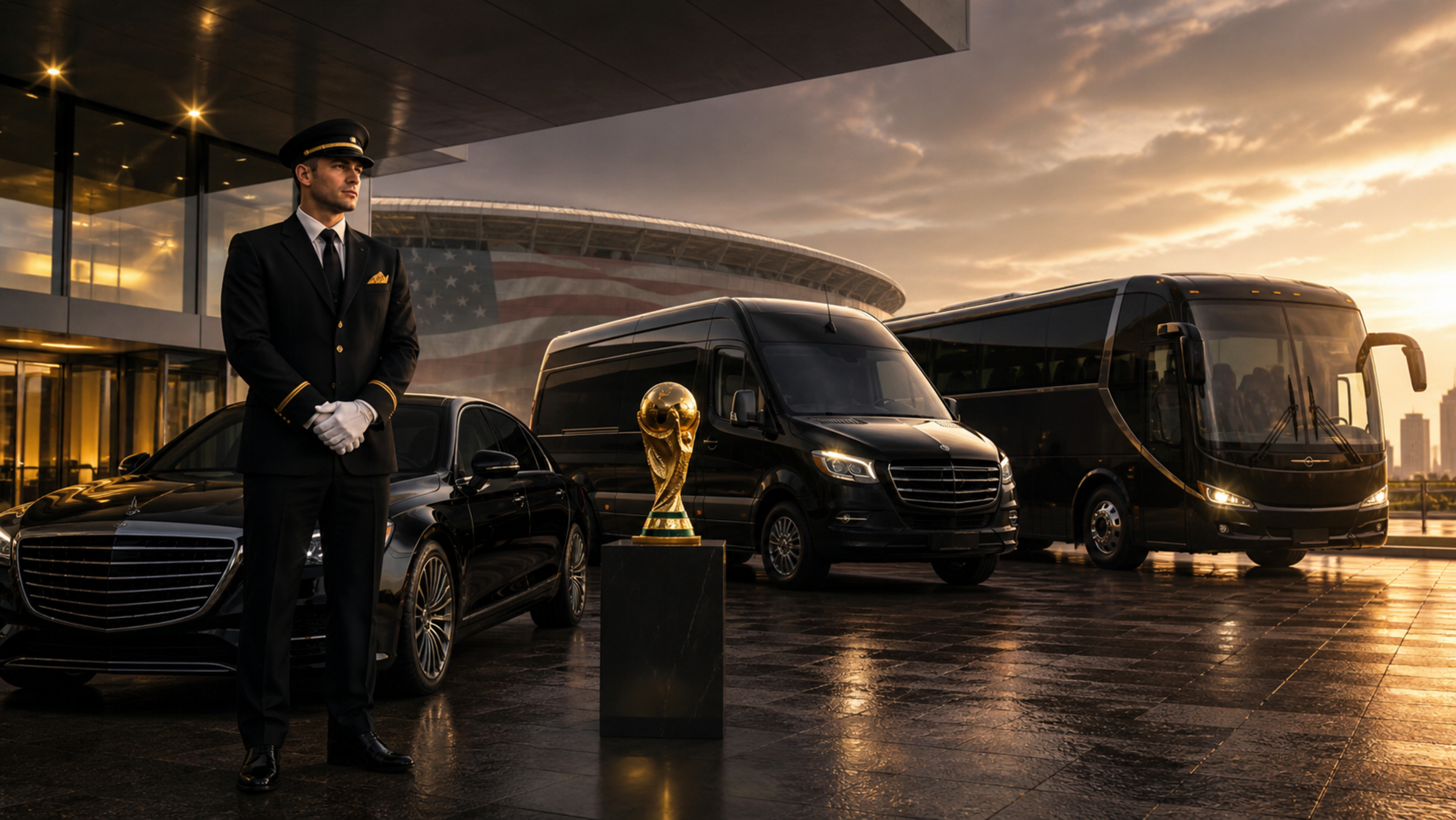 Black luxury sedan at a stadium entrance at night