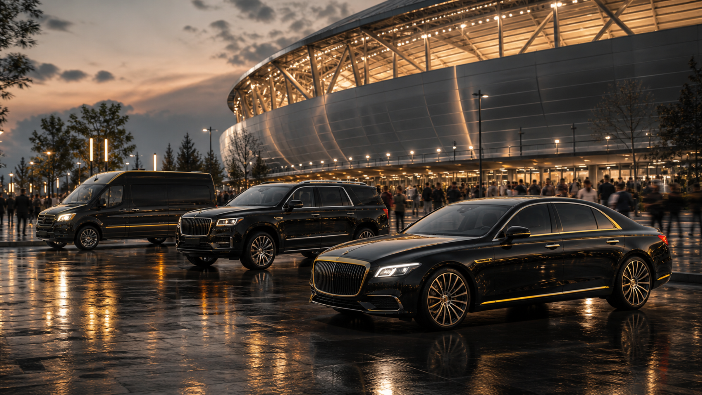 Black luxury sedan staged outside an illuminated venue at night