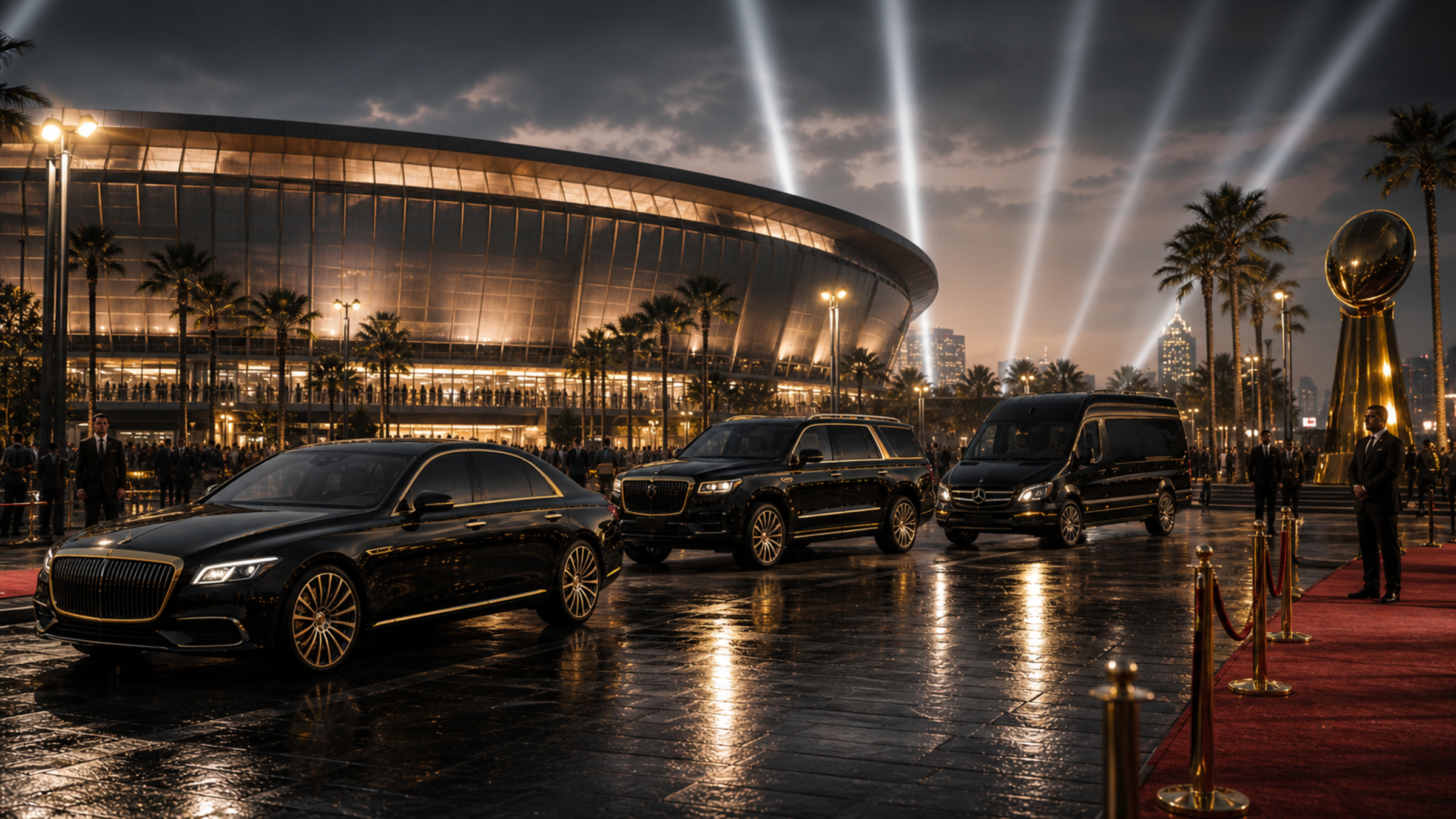 Luxury sedan in Los Angeles at night with stadium lights