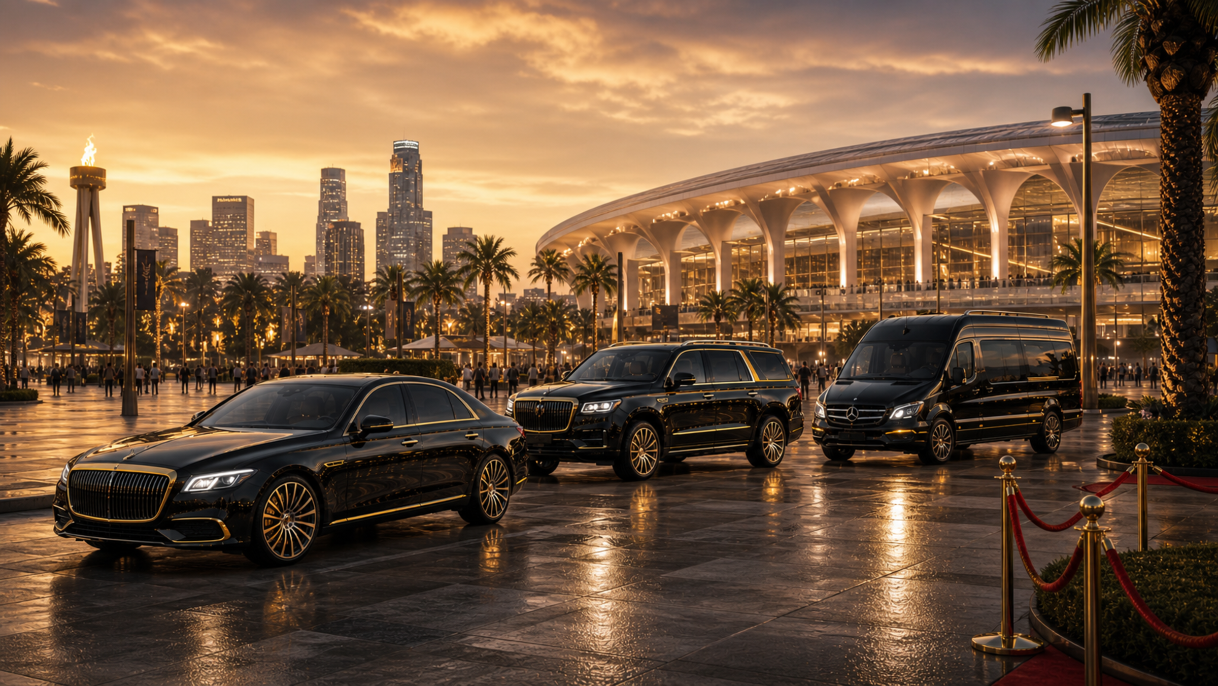 Los Angeles cityscape with luxury vehicle in foreground