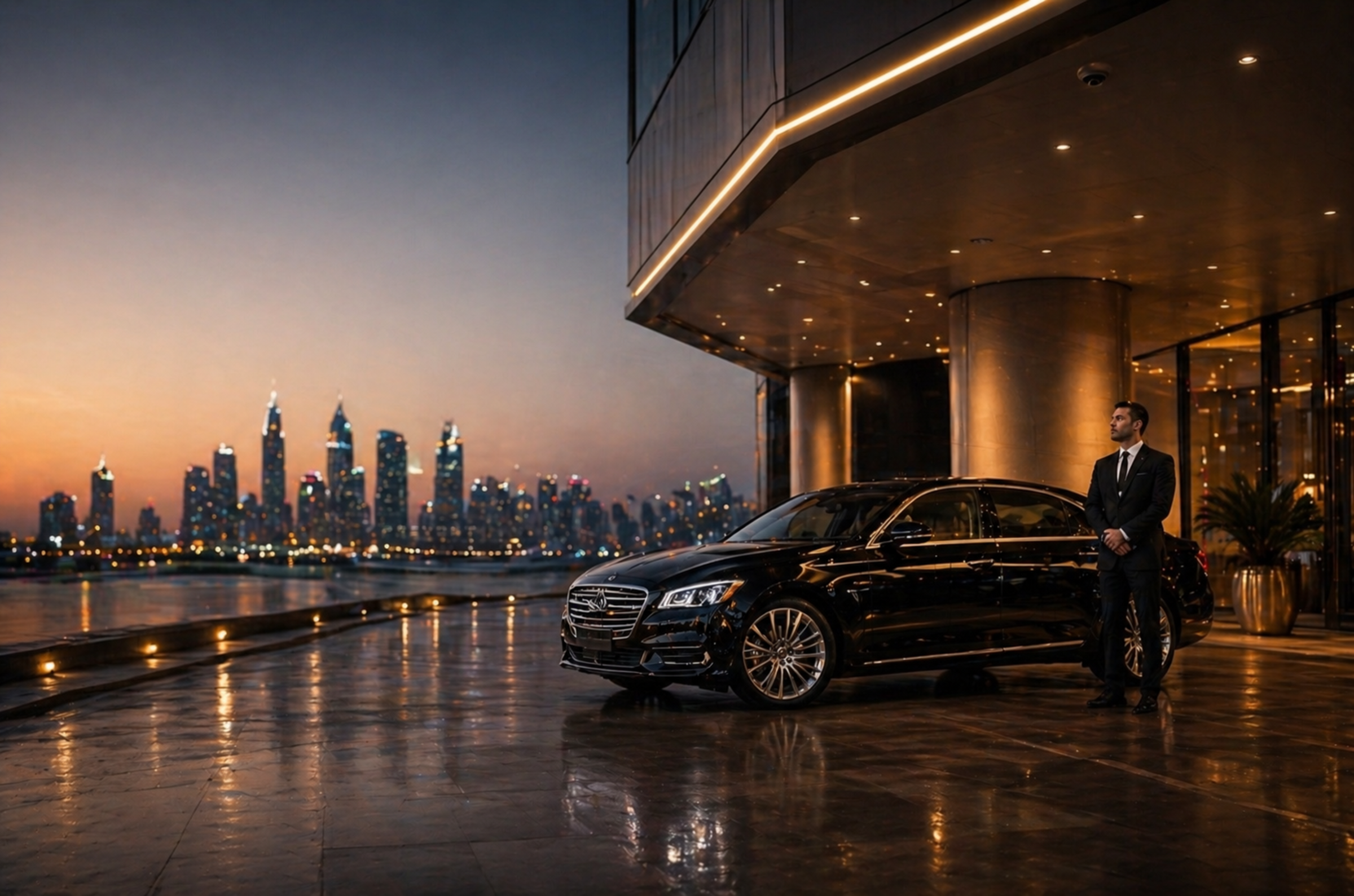 A black luxury suv in city at night