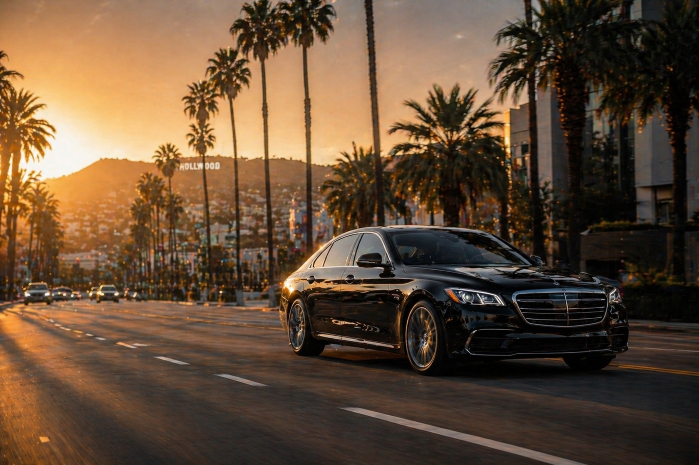 Luxury chauffeur vehicle in Beverly Hills at sunset