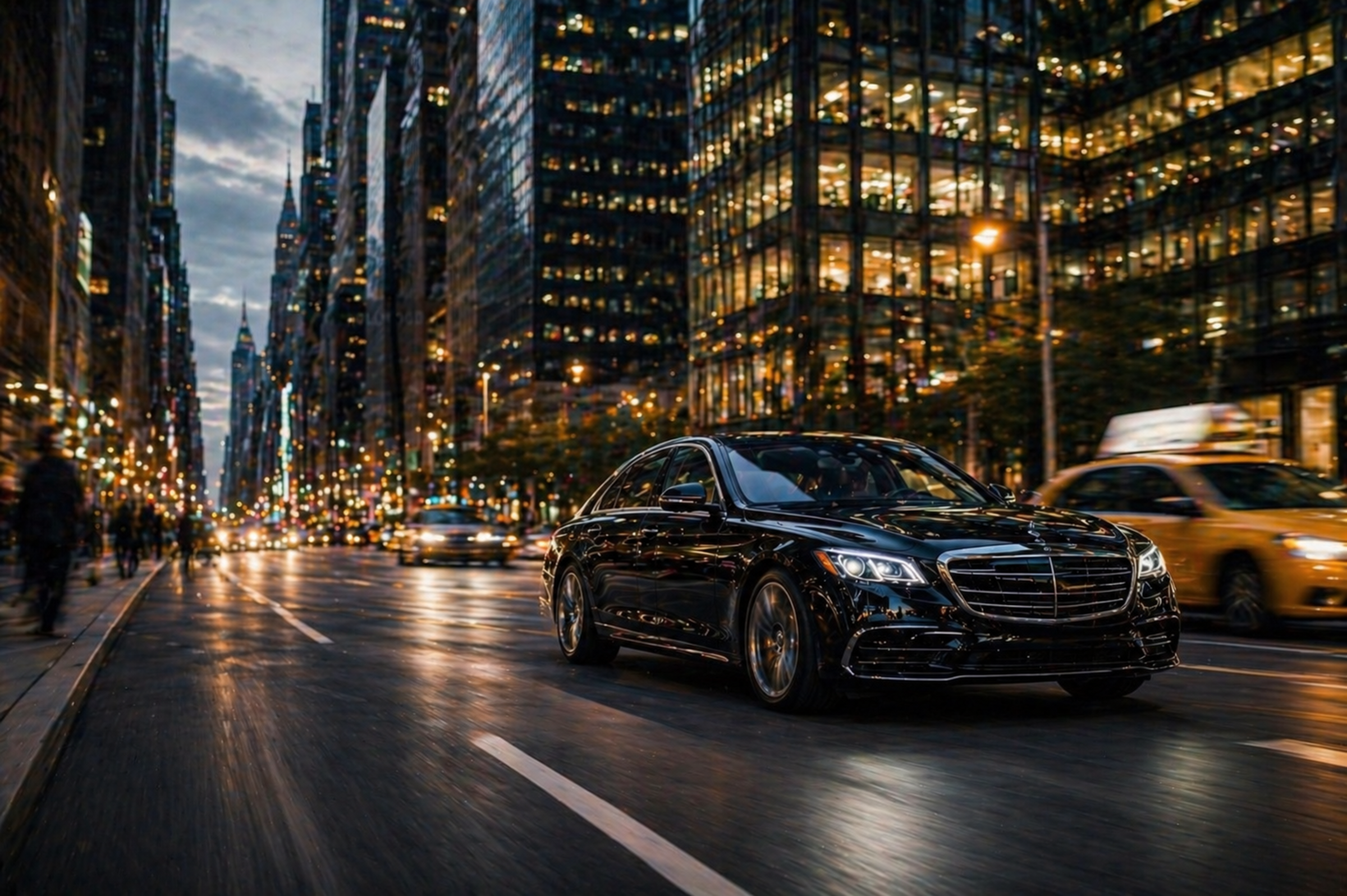Black car driving through Manhattan skyline at night