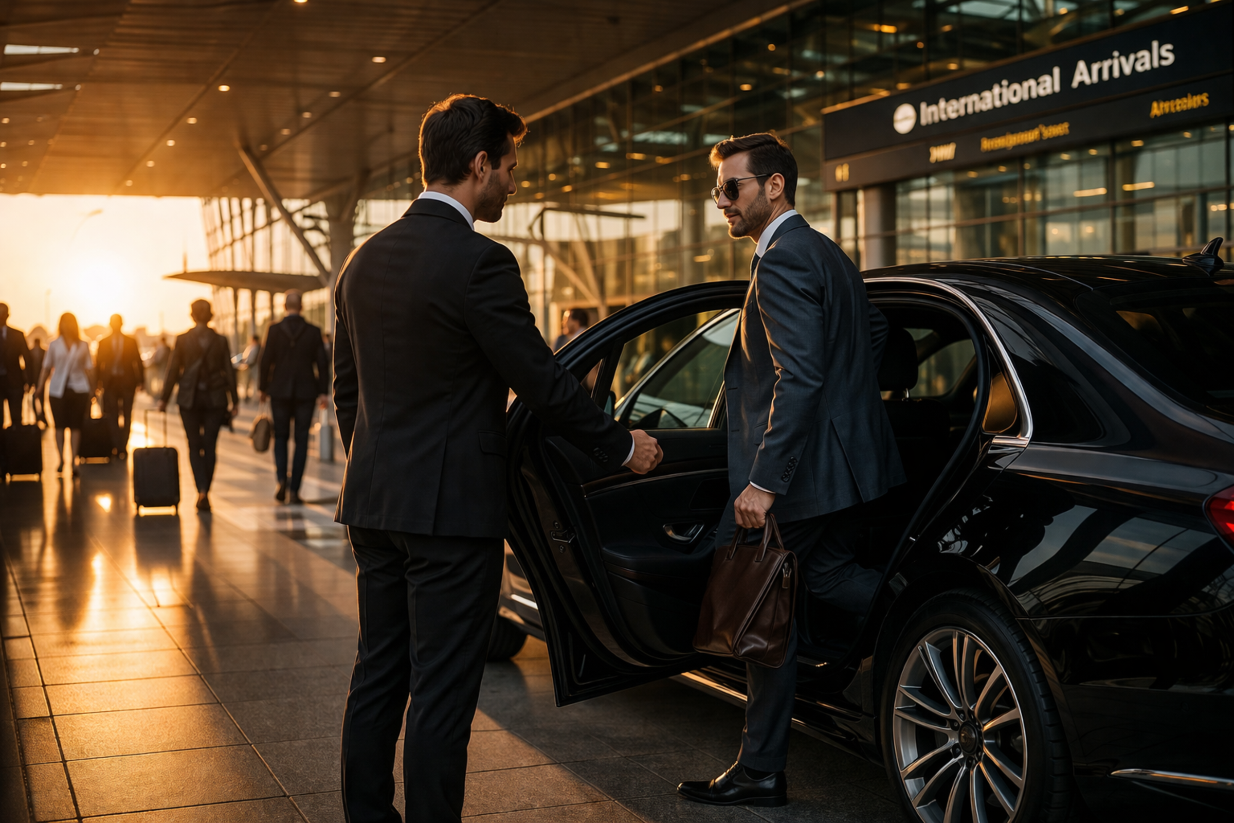 Executive reviewing documents in the rear of a moving luxury sedan, city visible through tinted windows