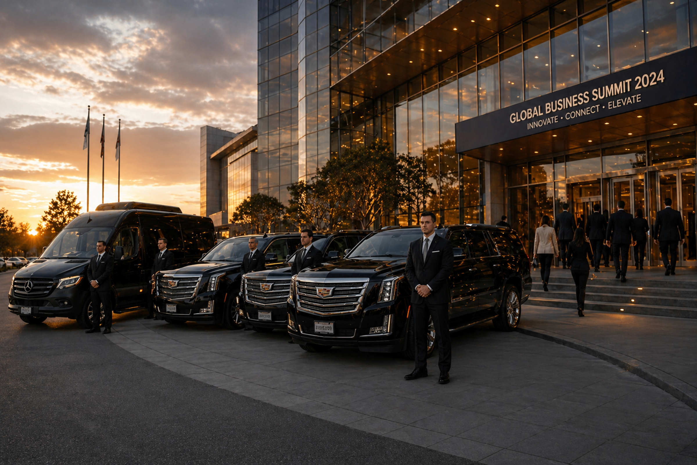 Row of black SUVs and a Sprinter van outside a glass conference centre at dawn