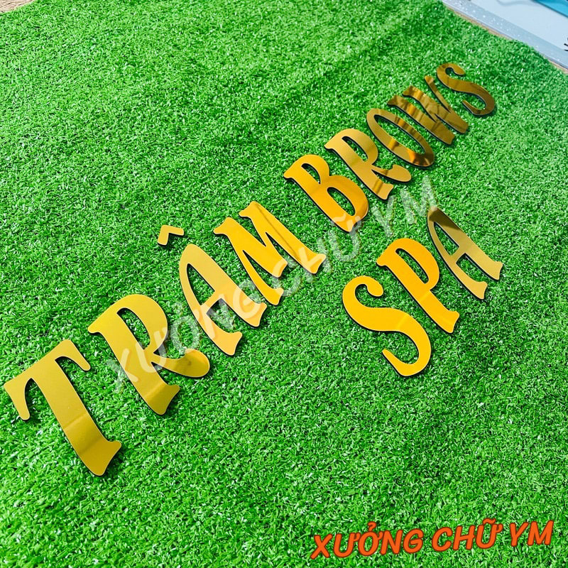 Chữ Alu Vàng Gương Cao 10cm Dày 3mm Font Flamenco Dán Tường Biển Quảng Cáo