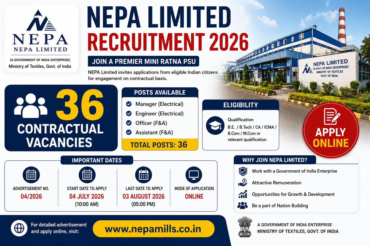 NEPA Limited Recruitment 2026 – Apply for 36 Contractual Vacancies