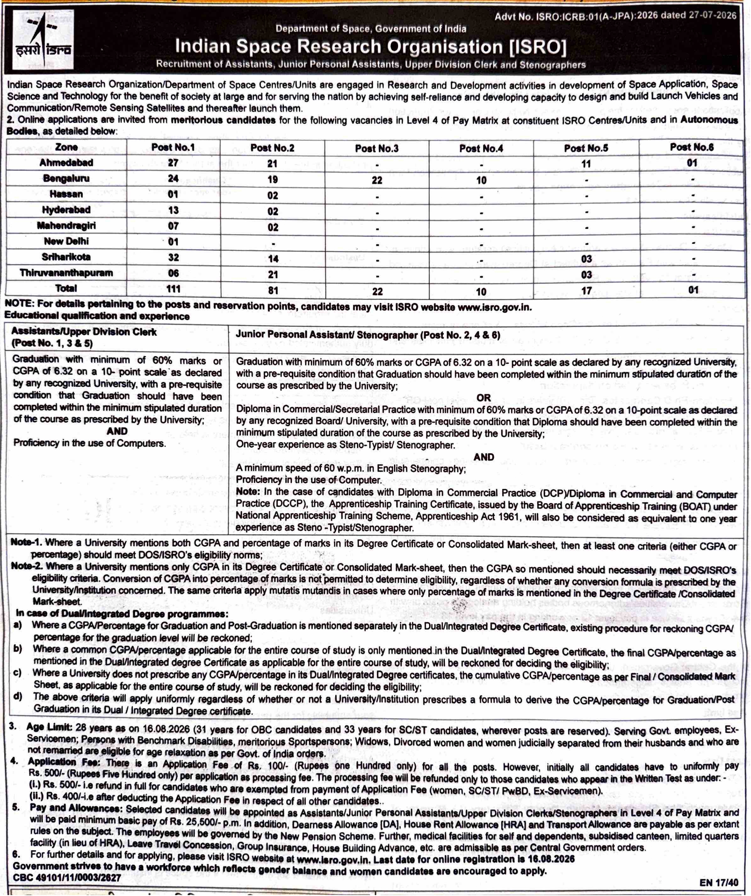 Official notice preview for ISRO Recruitment 2026 for Assistants, Junior Personal Assistants, Upper Division Clerk and Stenographers - 242 Posts