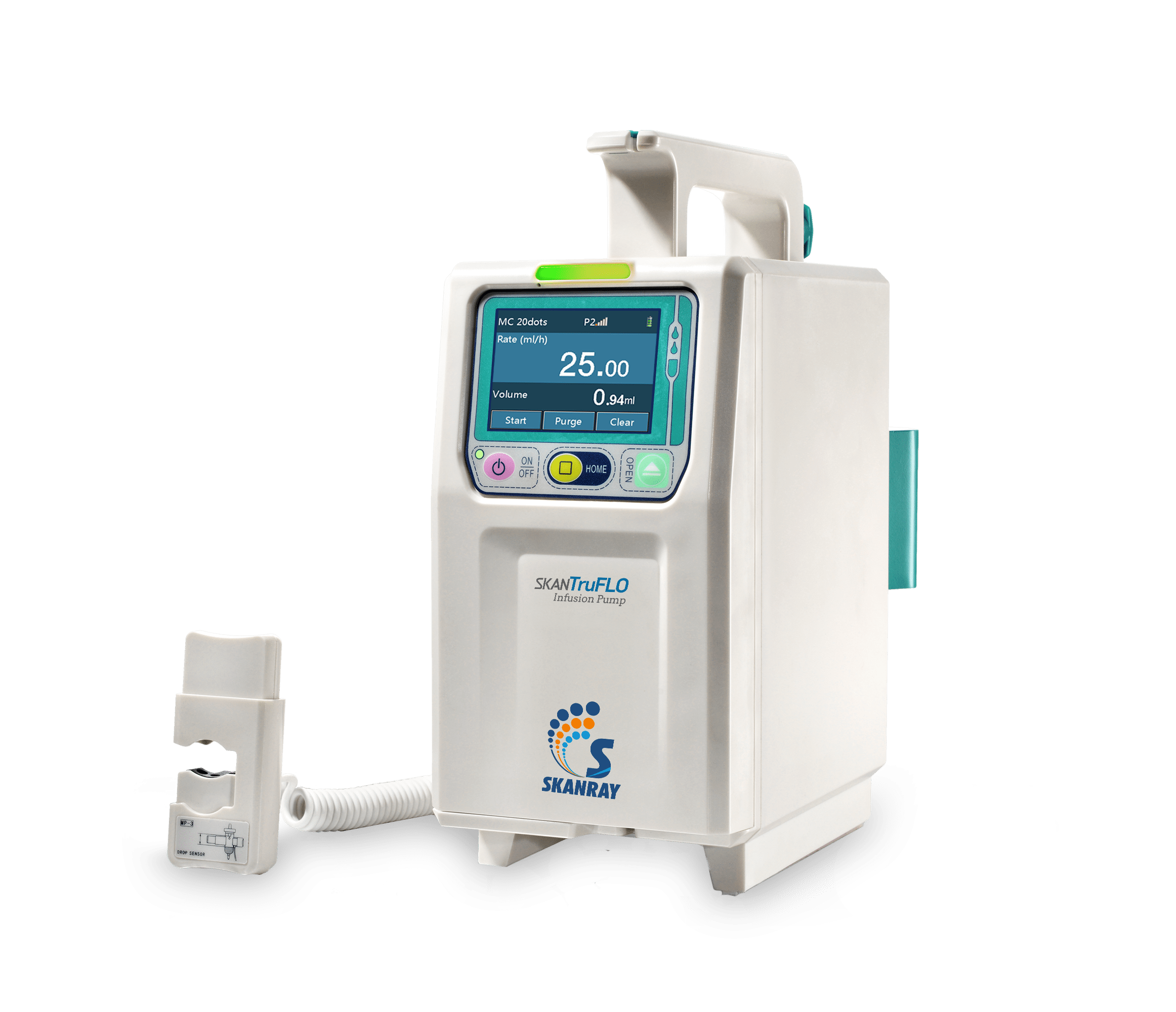 Skanray SkanTruFlo volumetric infusion pump with touchscreen display on IV pole mount